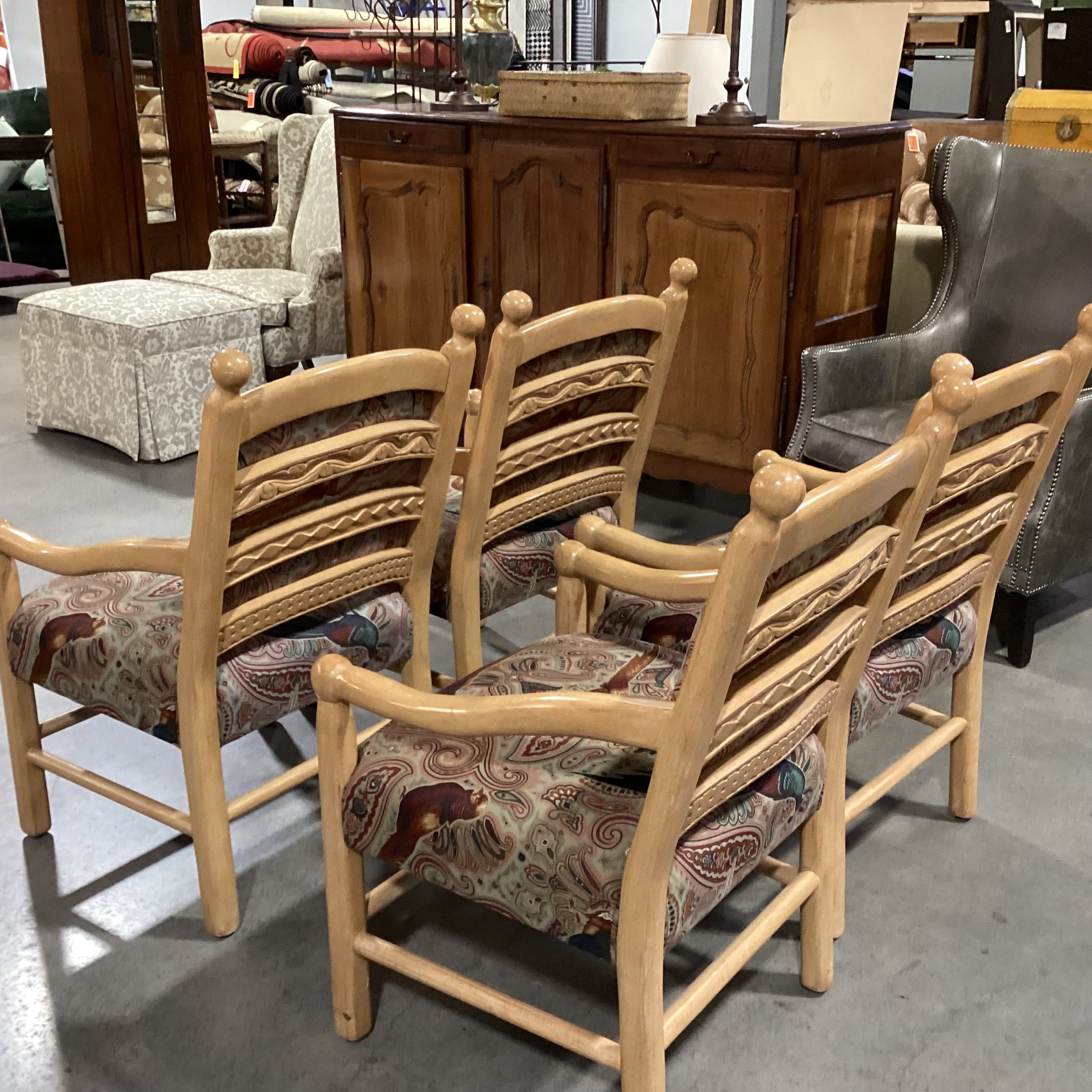 SET of 4 Beverly Interiors Custom Carved Wood & Rust Teal Pheasant Upholstered Armed Dining Chairs 24"x 25"x 39"