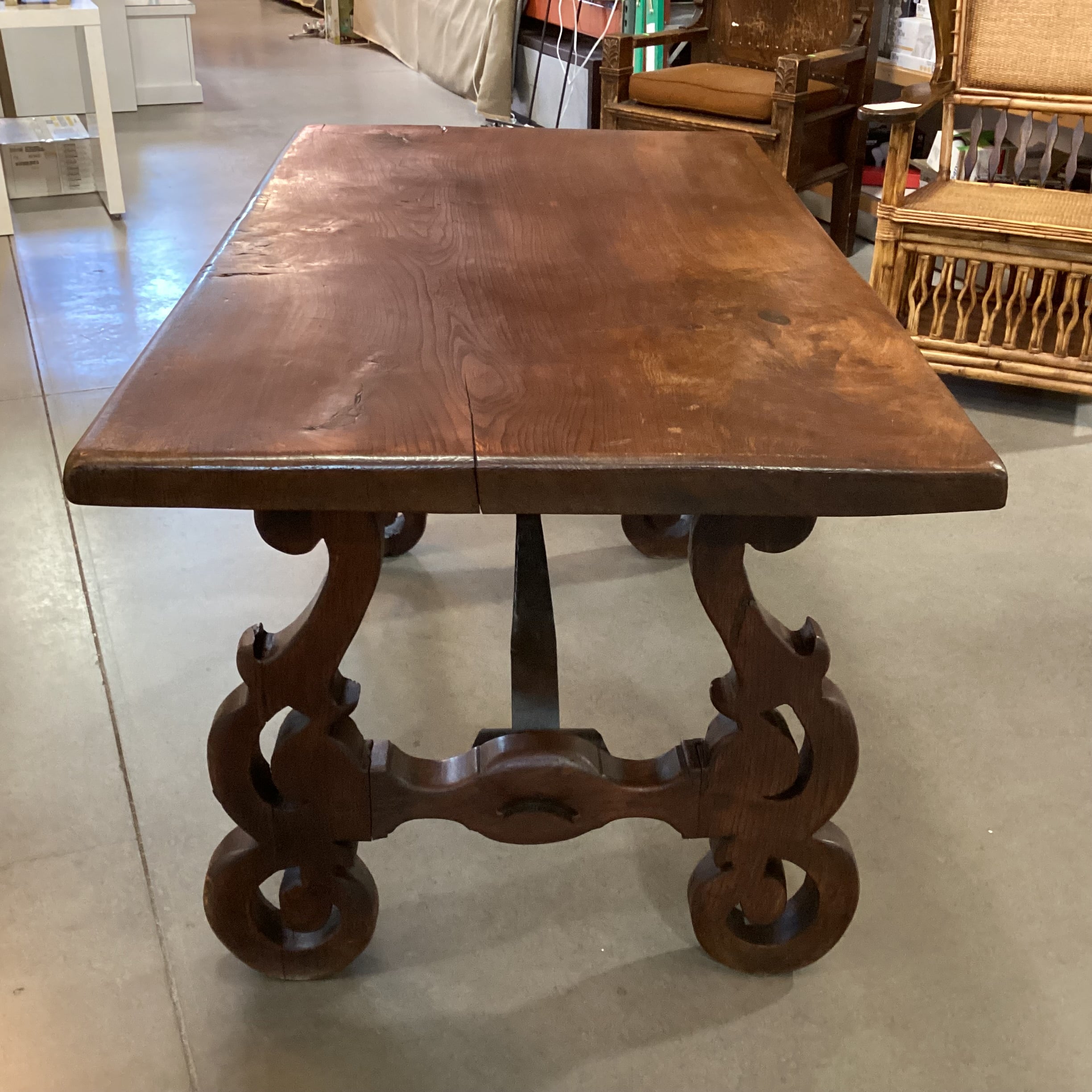 Vintage Antique Solid Wood Carved Side Legs & Iron Stetchers Trestle Accent Table 55"x 31"x 29"