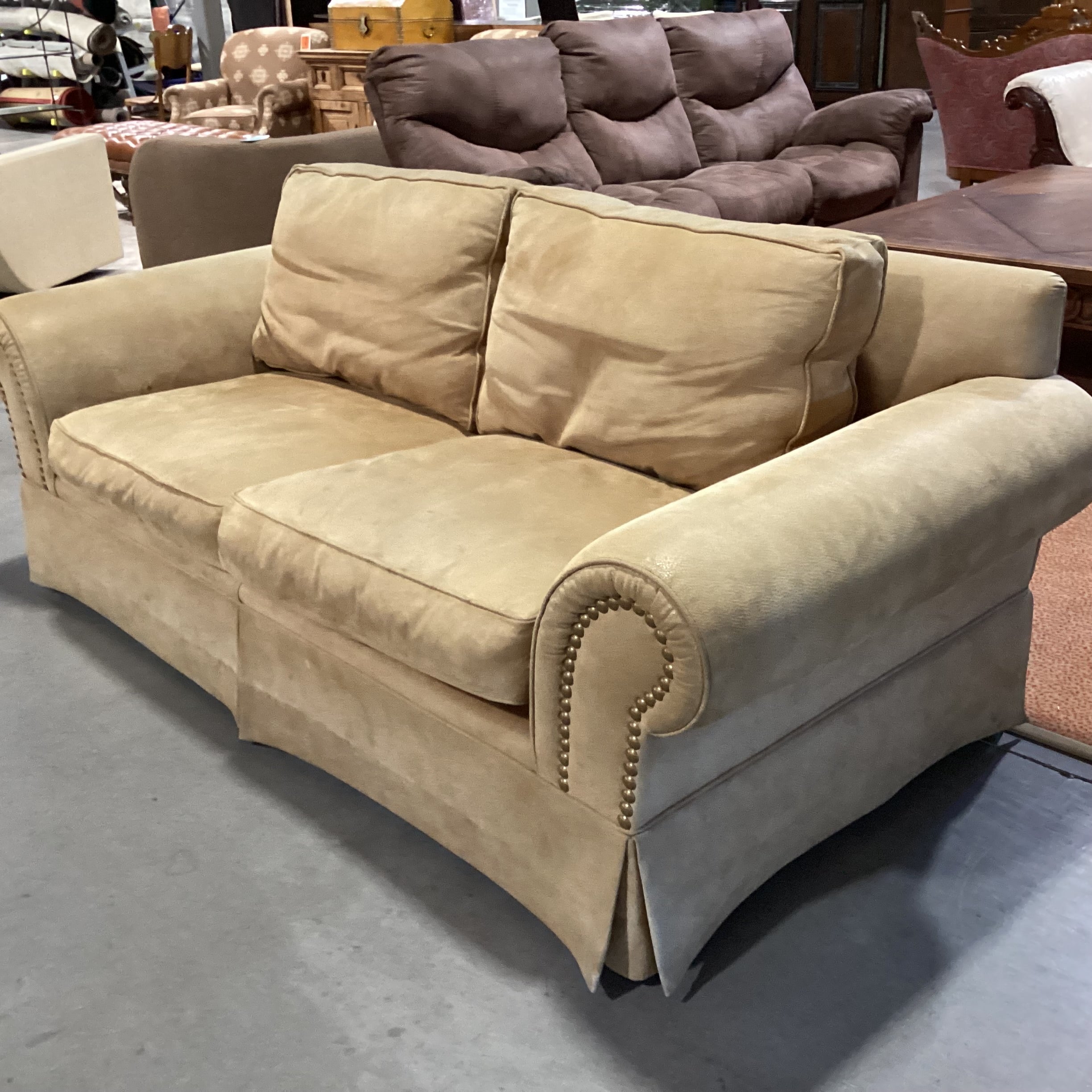 Golden Tan Leather Roll Arm Nailhead Sofa 86"x 40"x 32"