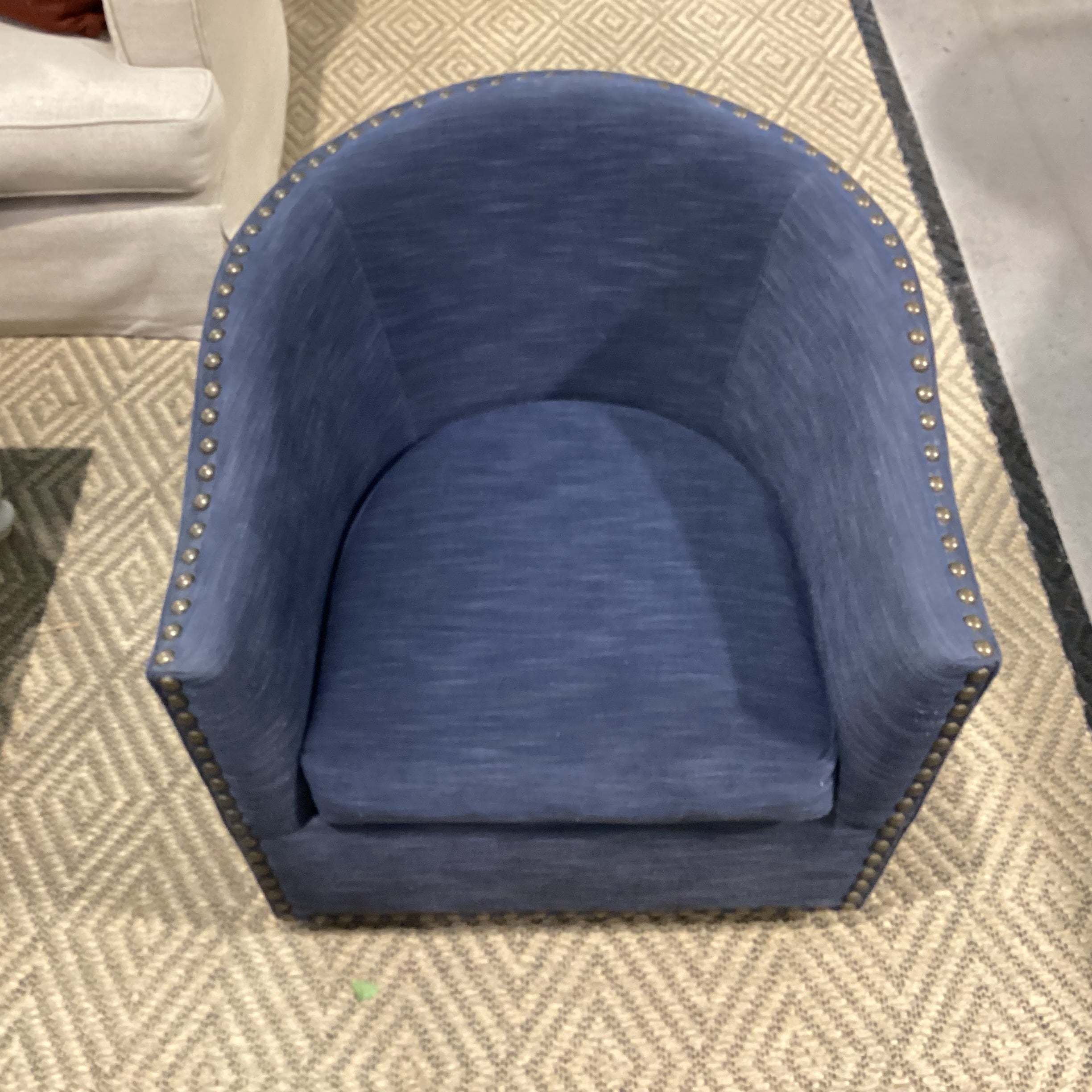 Bauhaus Furniture Woven Denim Look & Nailhead Barrel Swivel Chair 32"x 34"x 30"