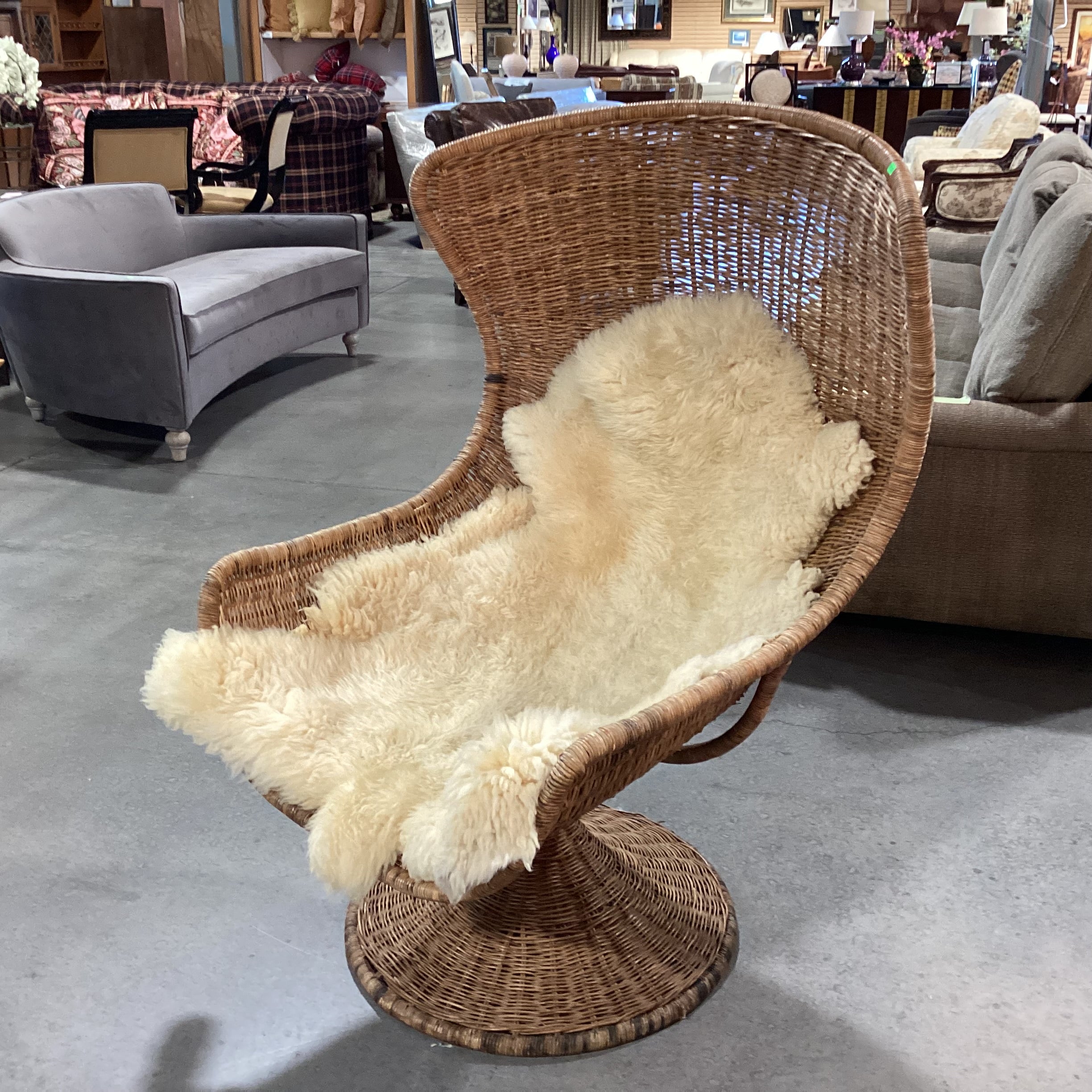 Vintage Wicker Swivel Rock with Sheepskin Chair 30"x 30"x 48"