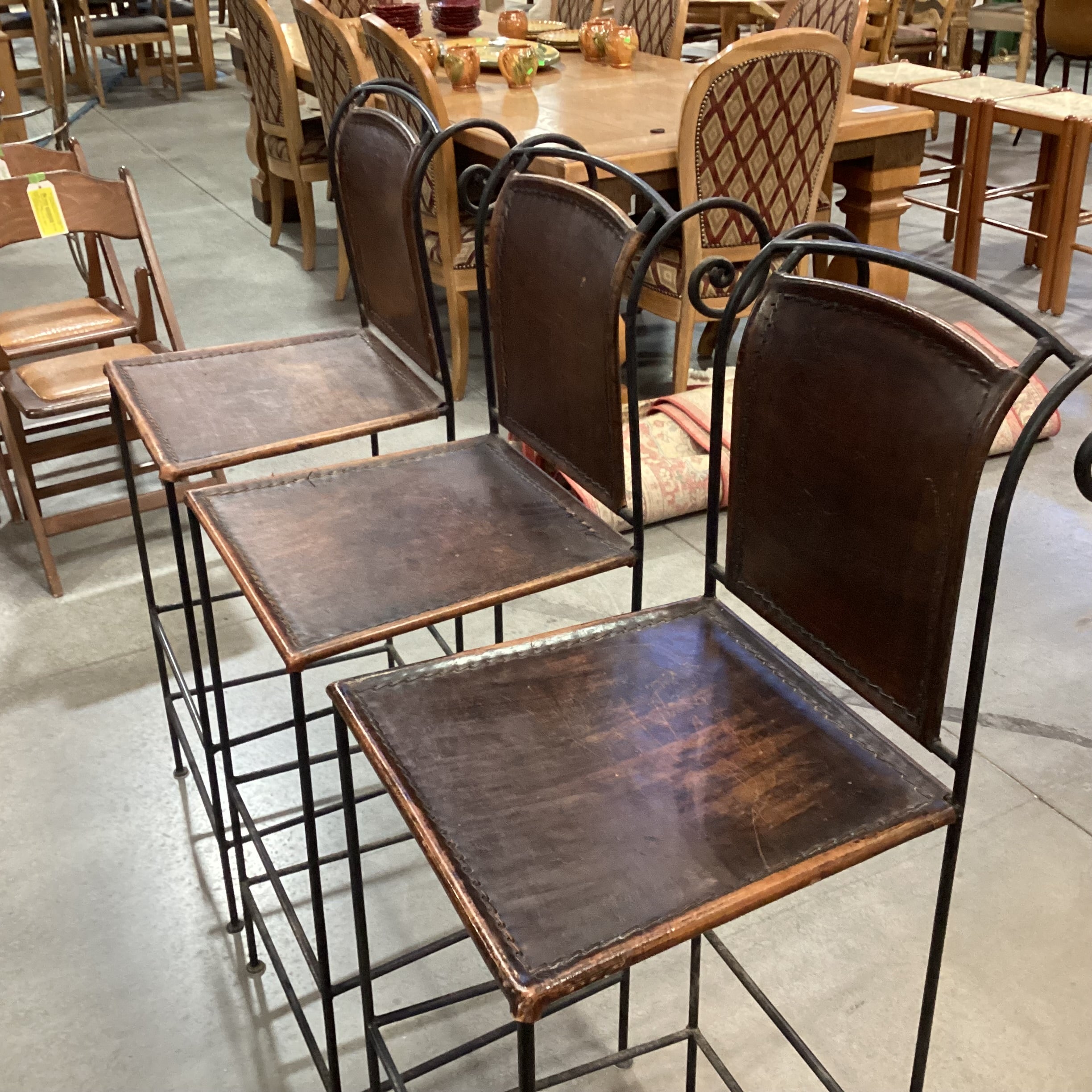 SET of 3 Iron & Distressed Leather Barstools 30.5"