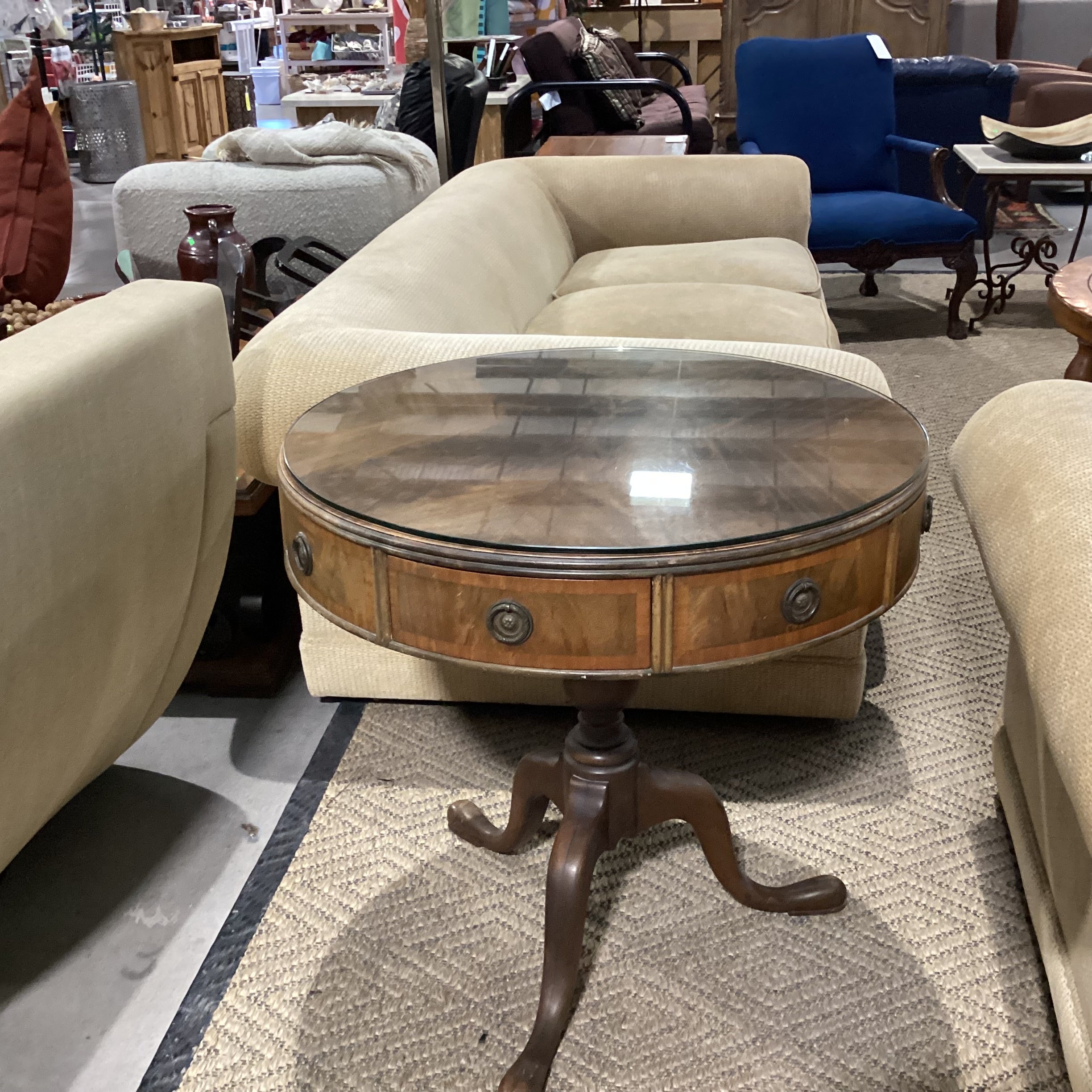Antique Round Carved Wood &  Flamed Mahogany Veneer 4 Drawer Glass Top Accent Table 30" Diameter x 29.5"