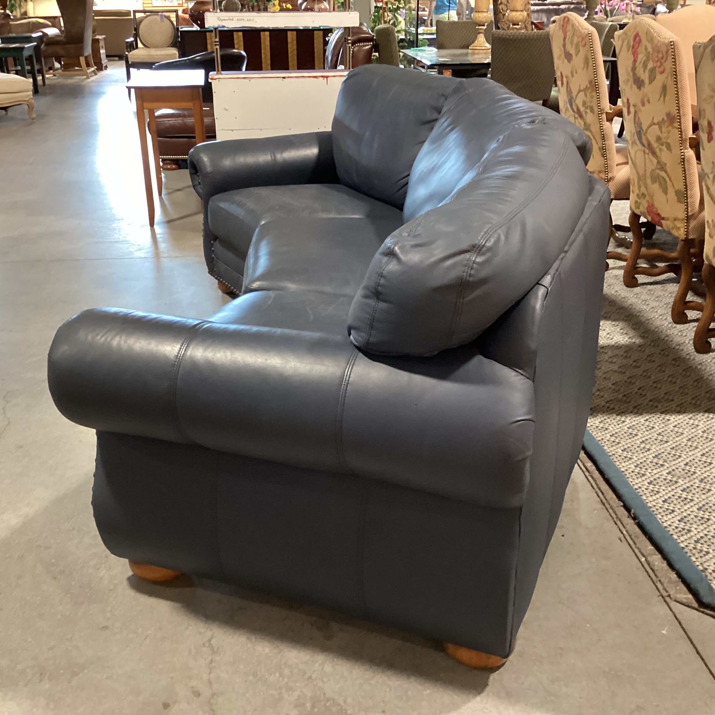Creative Leather Furniture HighPoint Collection Angled Navy Leather Nailhead Sofa 120"x 54"x 36"