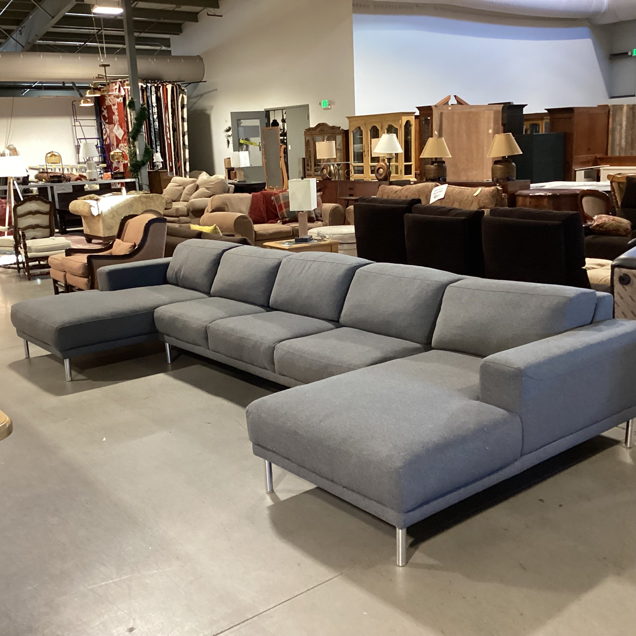 American Leather Meyer Collection Grey Wool & Down 3 Piece with End Chaises Modern Sectional 165"x 67"x 67"x 29"