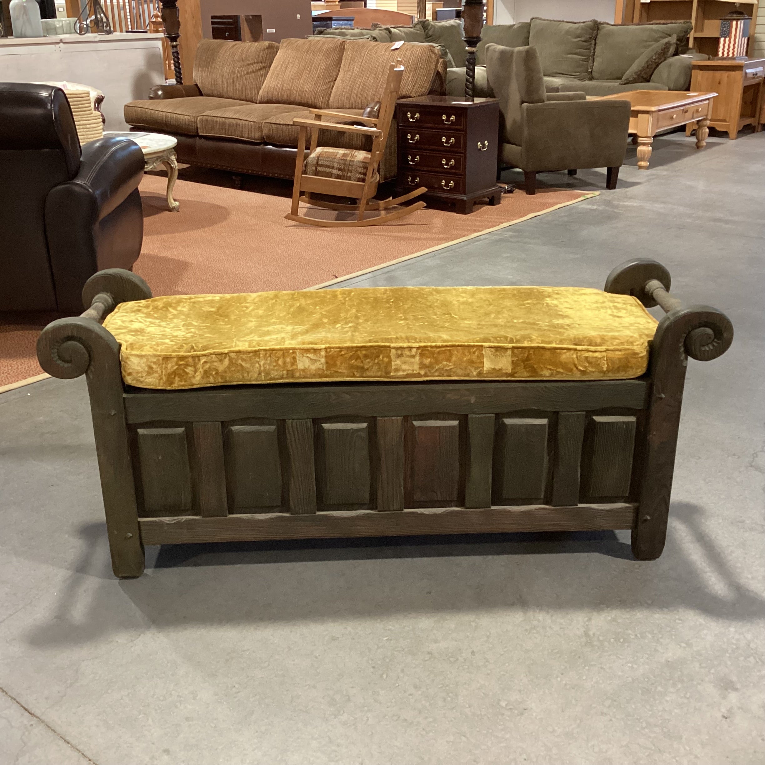 Vintage Green Washed Carved Oak & Gold Crushed Velvet Cushion Storage Bench 56"x 16.5"x 24"