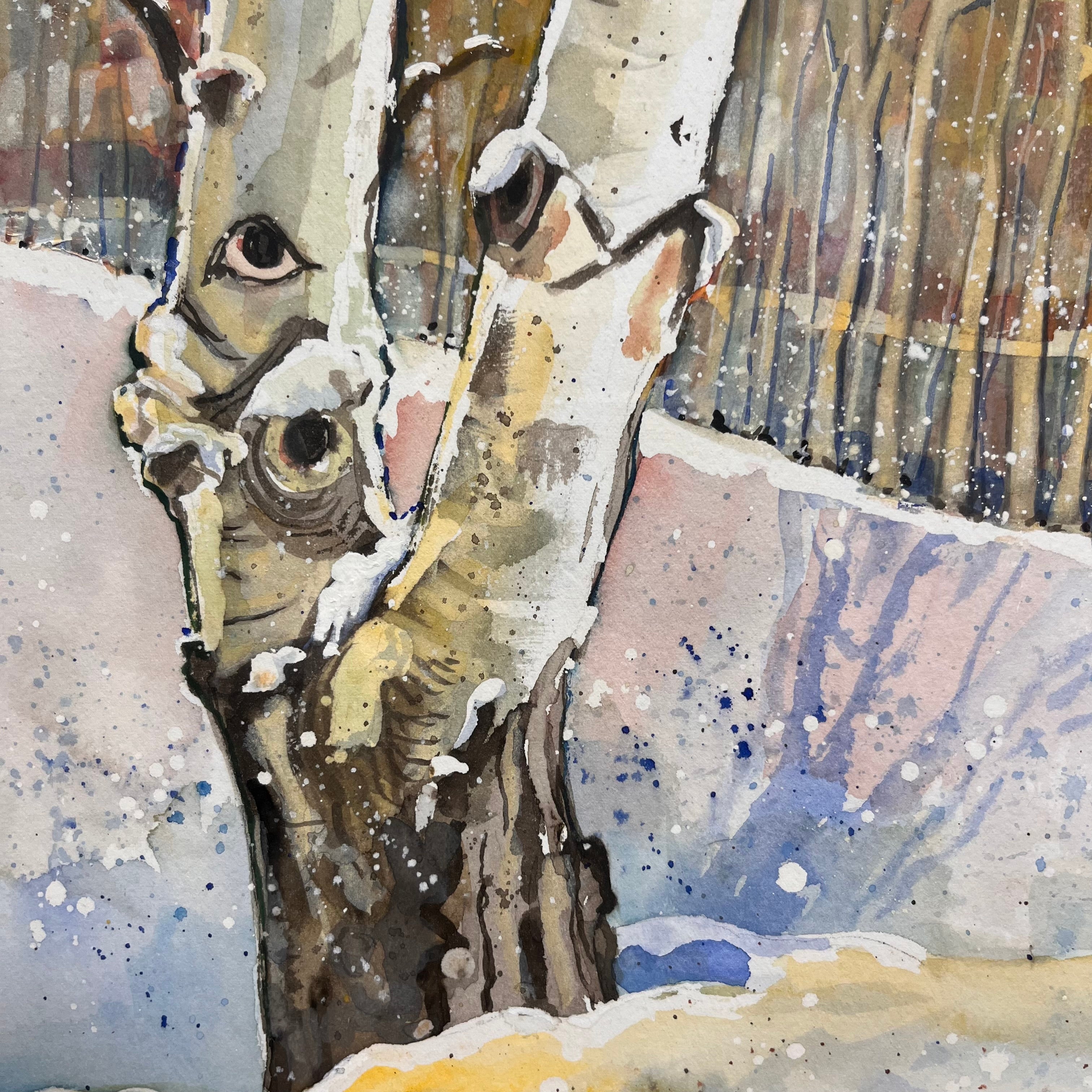 Sue Binkley Aspen Tree in Snow Original Watercolor/Gouache on Paper Wall Decor; 17.5"x 21"