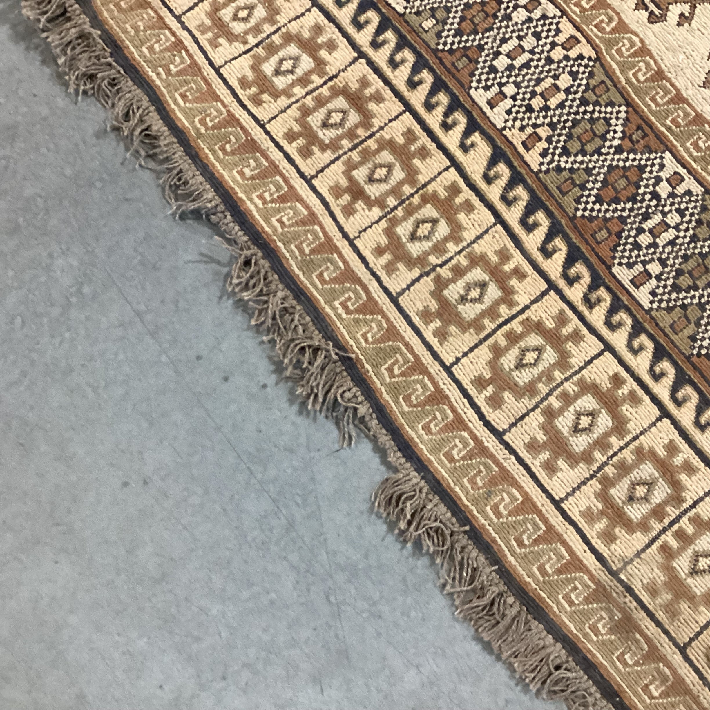 Vintage Tan & Brown Hand Woven Wool Rug 9'x 10'4"