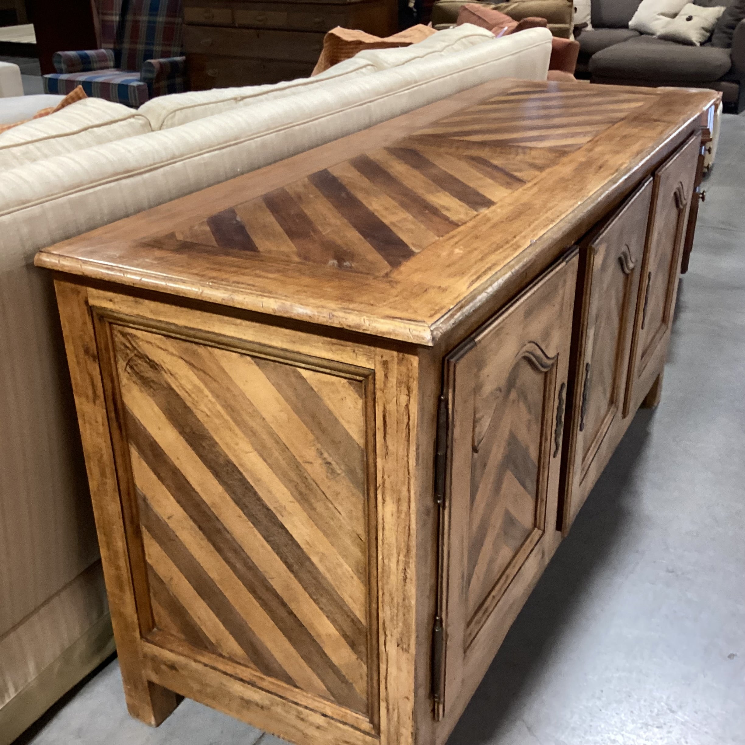 Distressed Finished Wood with Matched Chevron Detail 3 Door 4 Drawer & Shelves Sideboard 70"x 24"x 36"