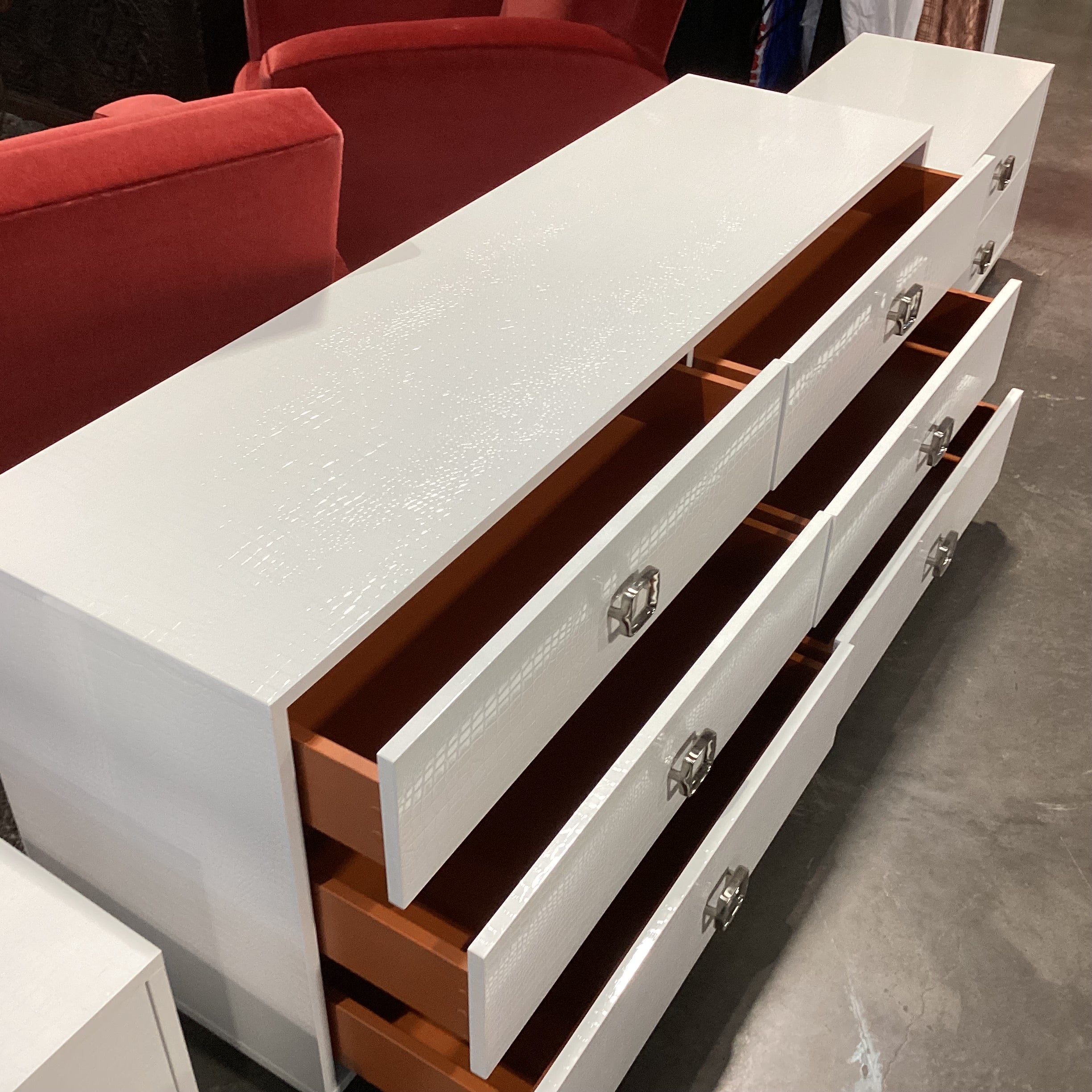 A&X Casa Milano White Croc Style Faux Leather 6 Drawer Dresser 63"x 19"x 26.5"