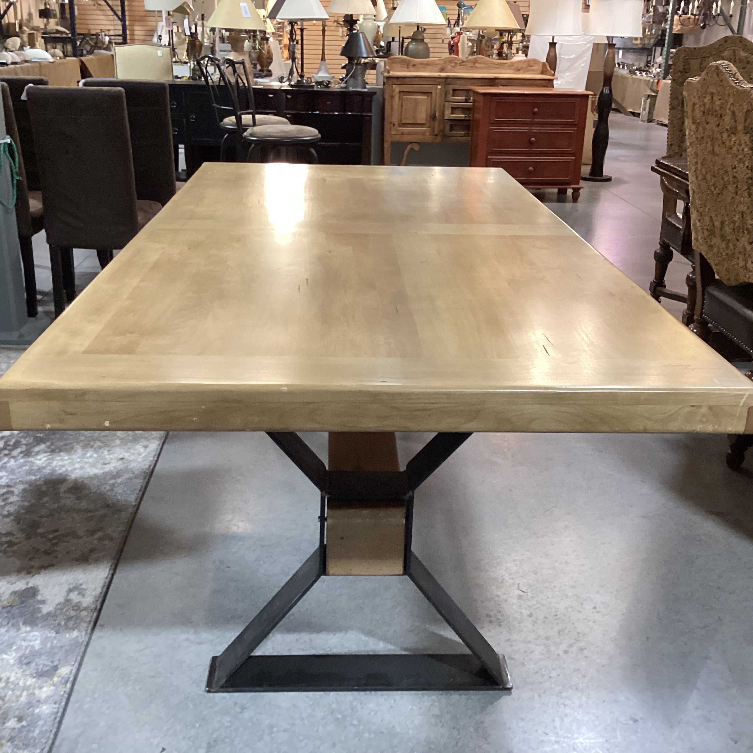 Mountain Modern Light Distressed Finish Wood & Steel with Beam Trestle Dining Table 84"x 42"x 31"