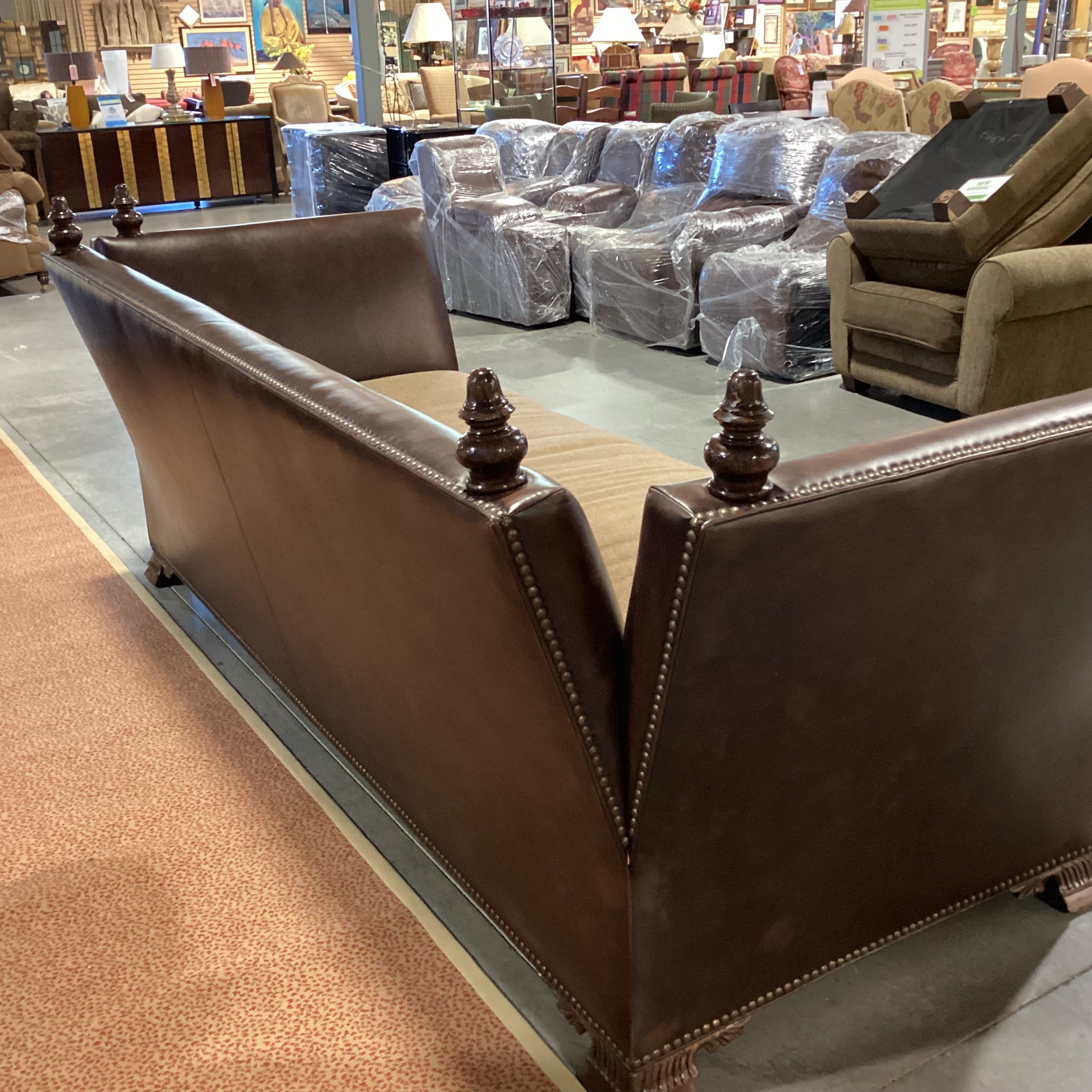 Knole House Style Leather Nailhead High Back & Wool Down with Ornate Finial Sofa 110"x 45"x 43"