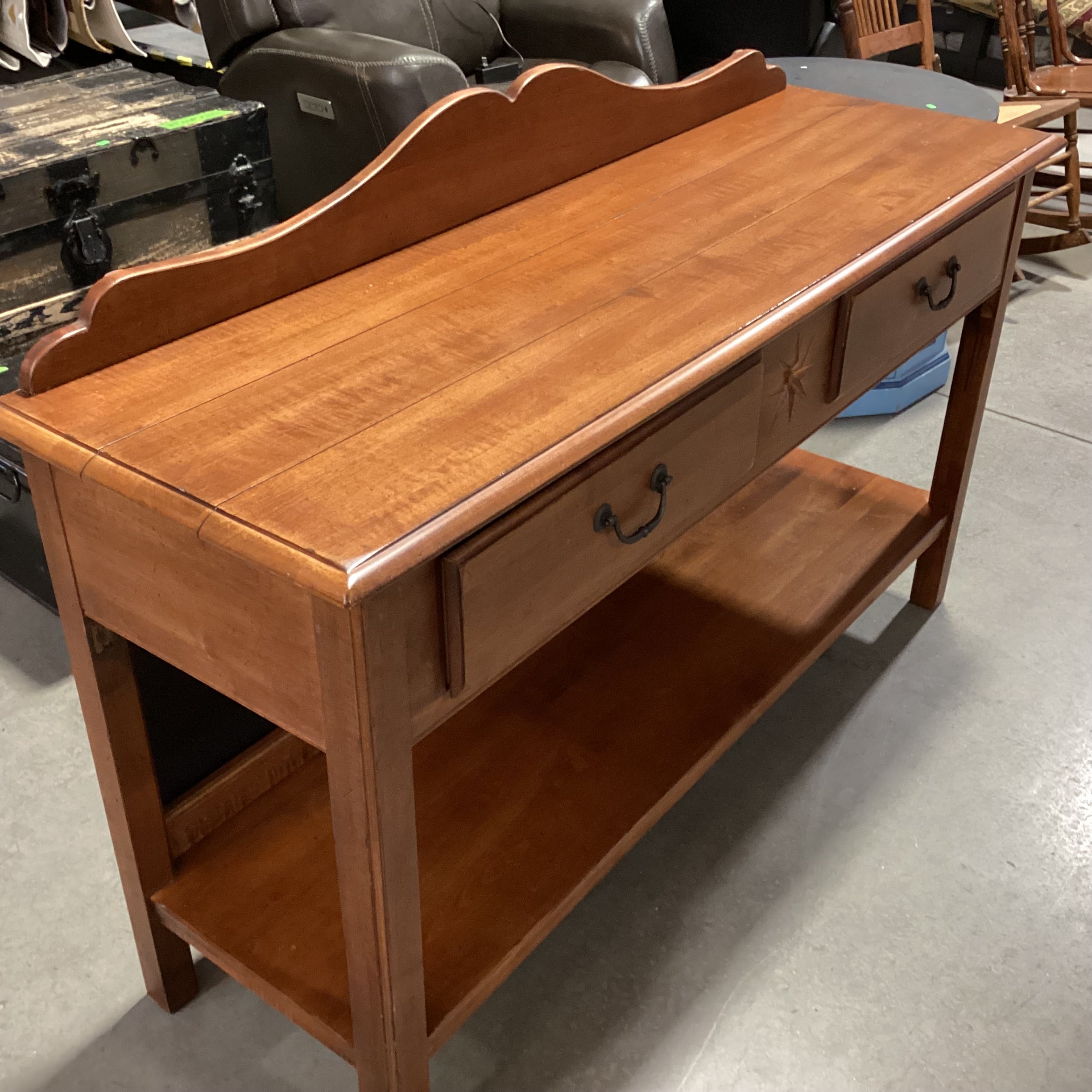 Ethan Allen Cherry Tone Finished Maple 2 Drawer with Bottom Shelf & Backsplash Sofa Table 54"x 17"