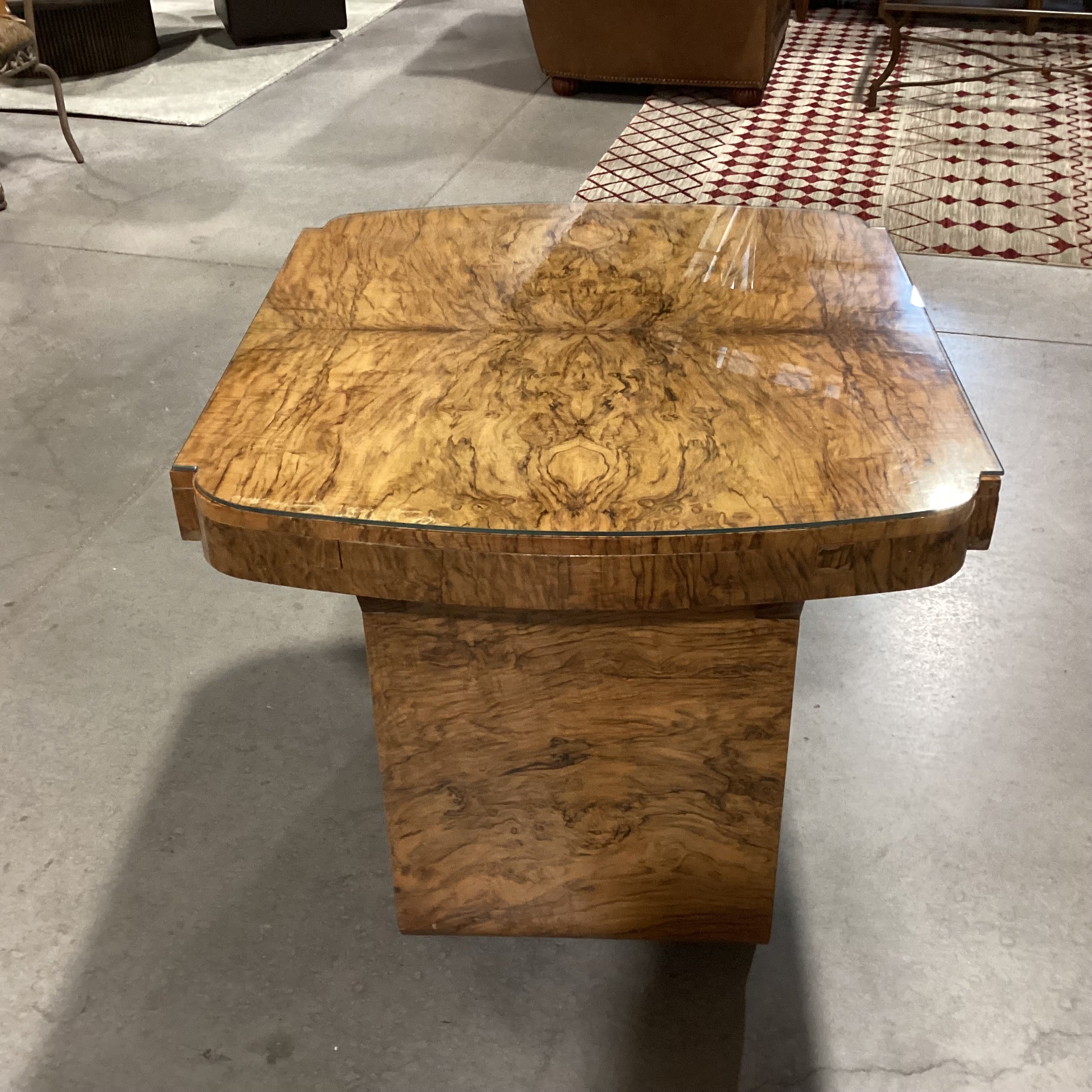 Vintage Art Deco Style Burl Maple Book Matched with Glass Top Accent Table 36"x 33"x 29.5"