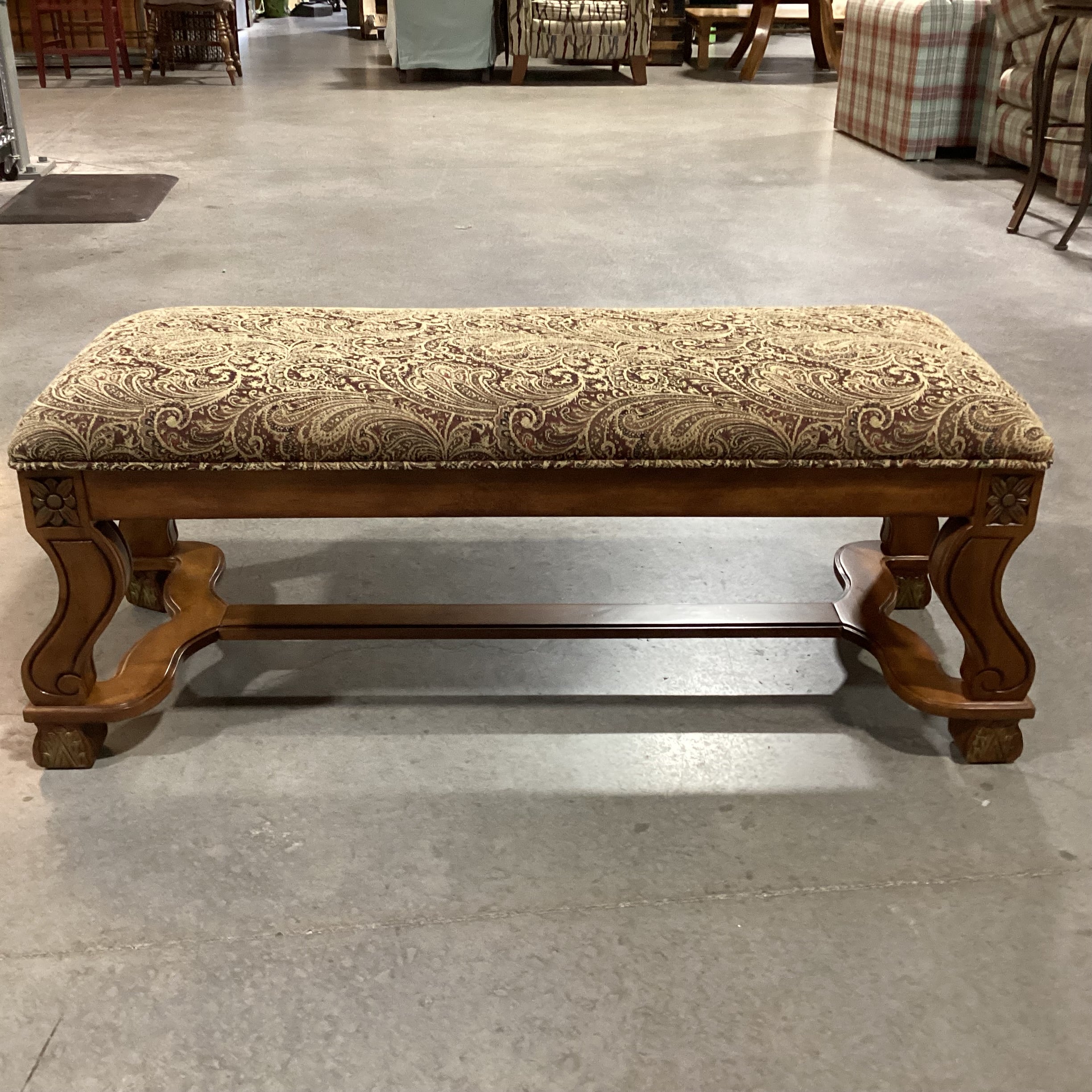 Carved Wood with Trestle & Paisley Bench 48"x 18.5"x 18.5"