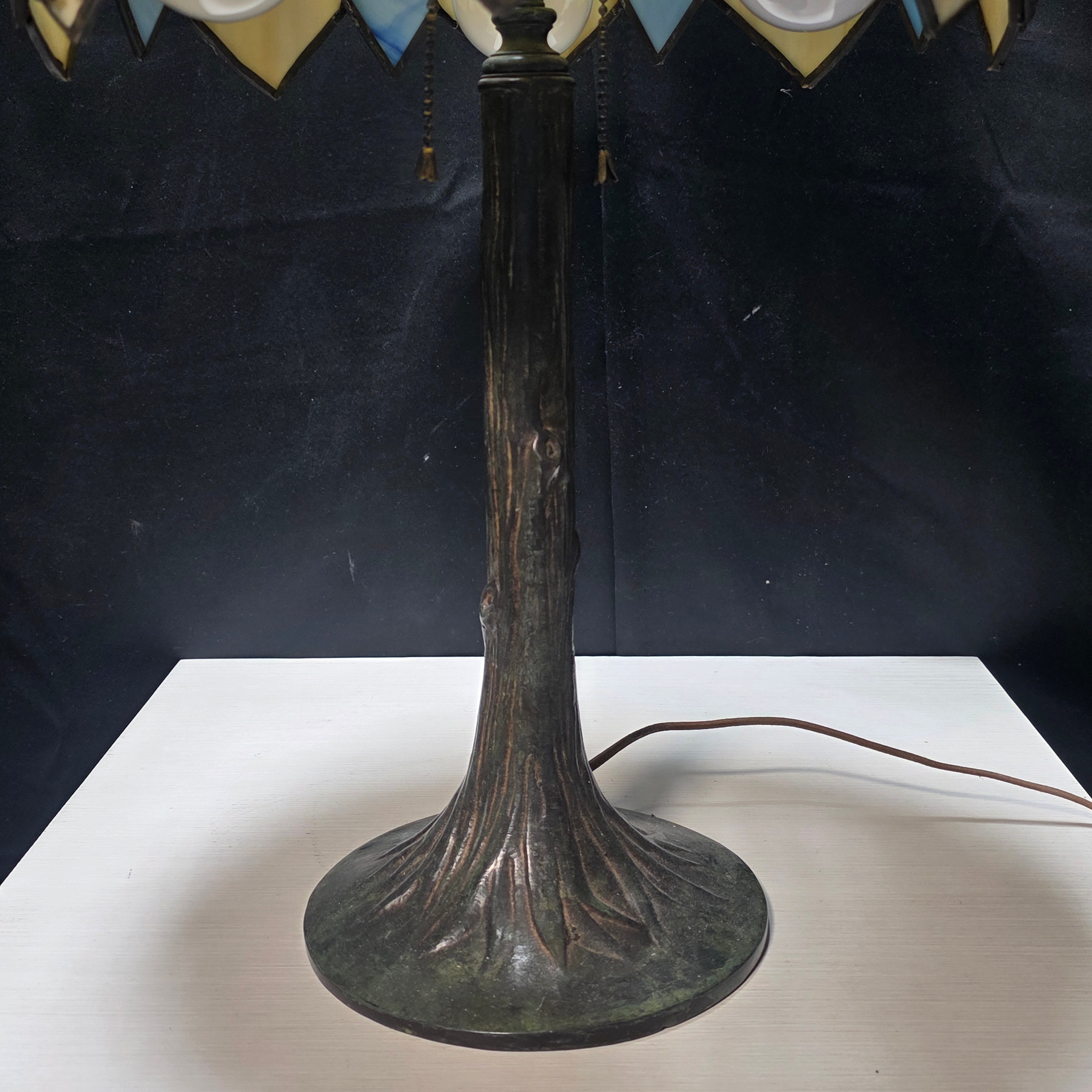 Unique Shape Antique Slag Glass (Cream, White & Blue) Tree Base Table Lamp 13.5"Dx26"