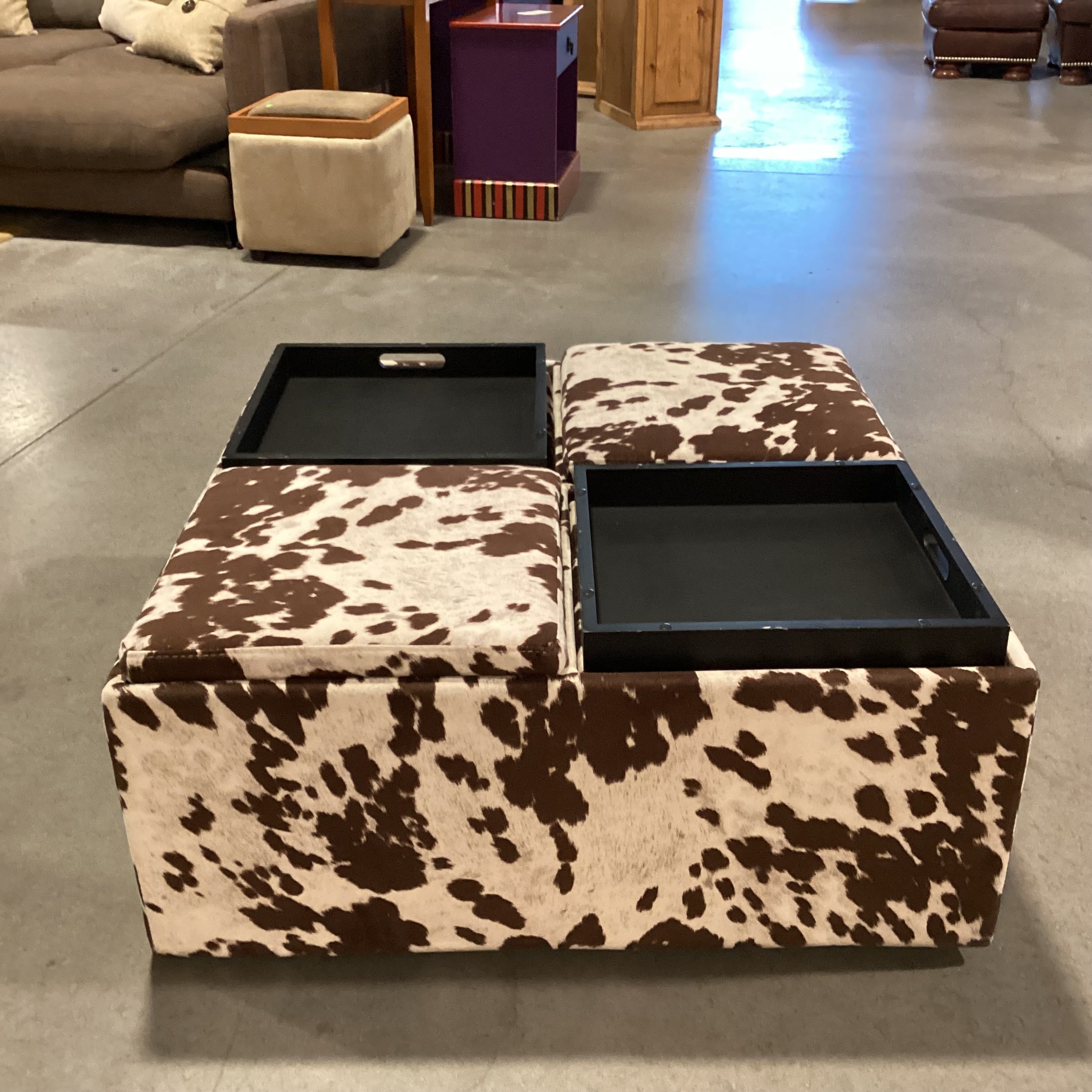 Faux Cowhide 4 Section Storage with Flip Top Tray Cocktail Ottoman 36"x 36"x 16"