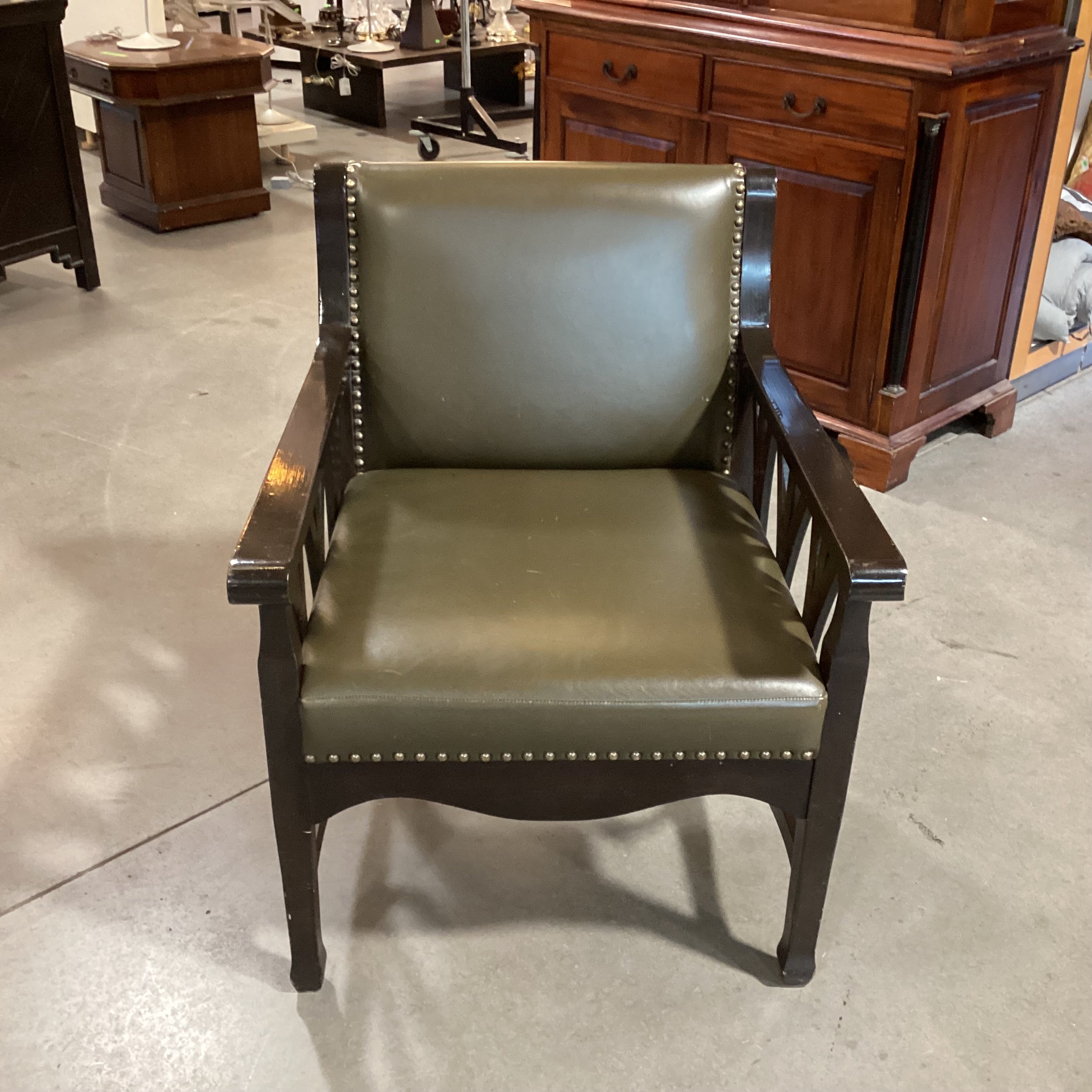 Olive Faux Leather Nailhead & Carved Wood Chair 27"x 27"x 34"