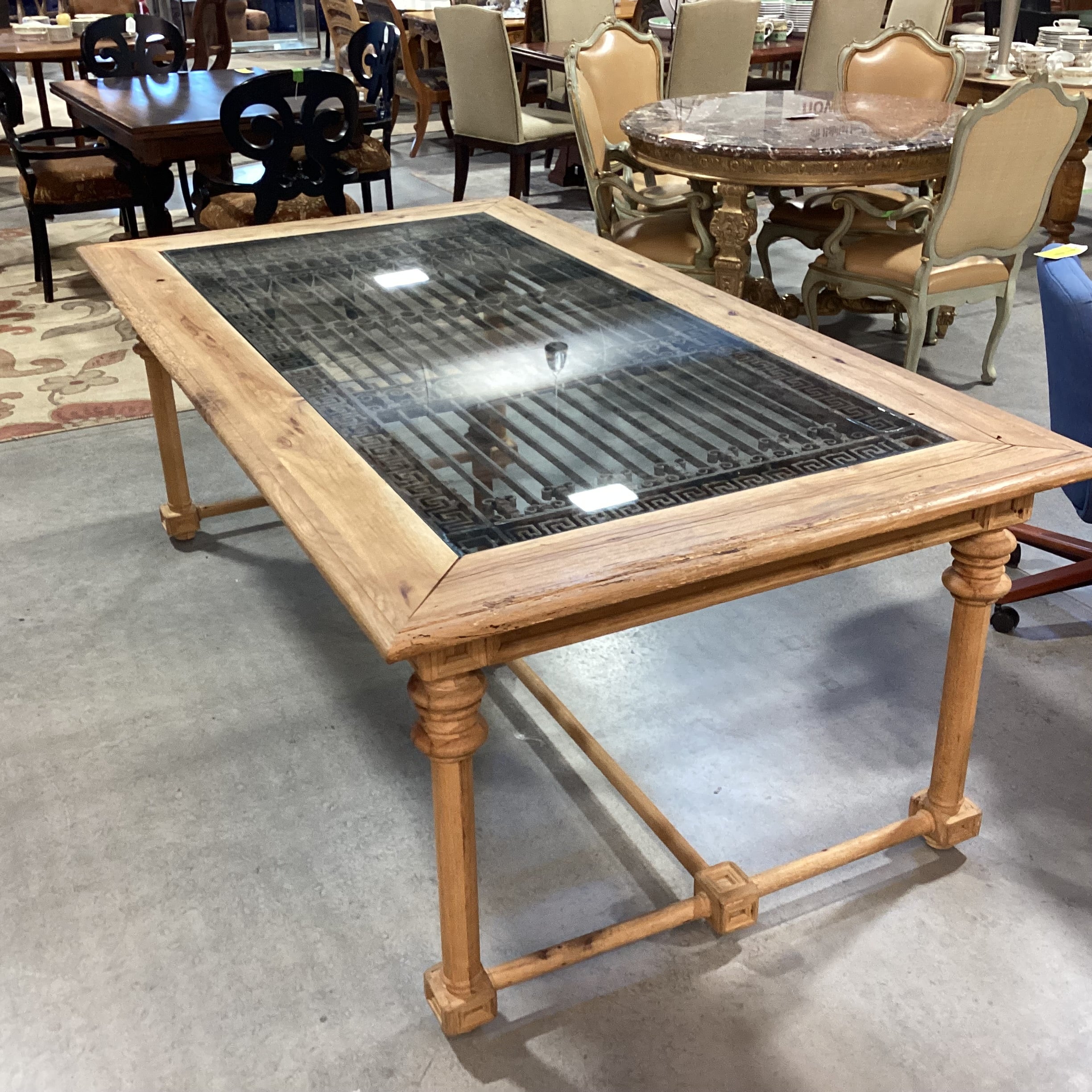 Antique Ornate Iron & Natural Carved Wood Dining Table 88"x 48"x 32"