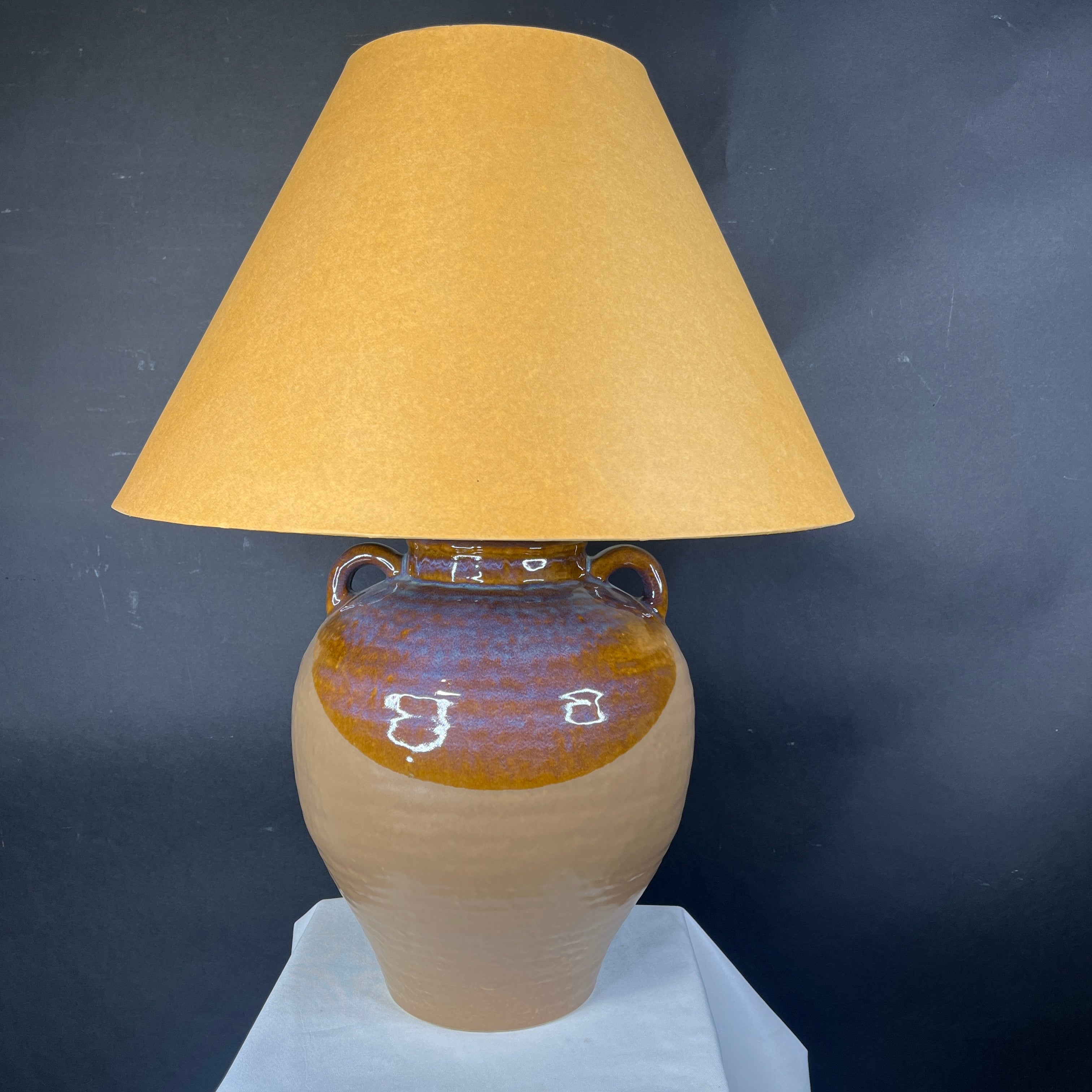 Two Tone Glazed Handled Pottery Jug with Shade Table Lamp 20” Diameter @ Shade x 25.5”