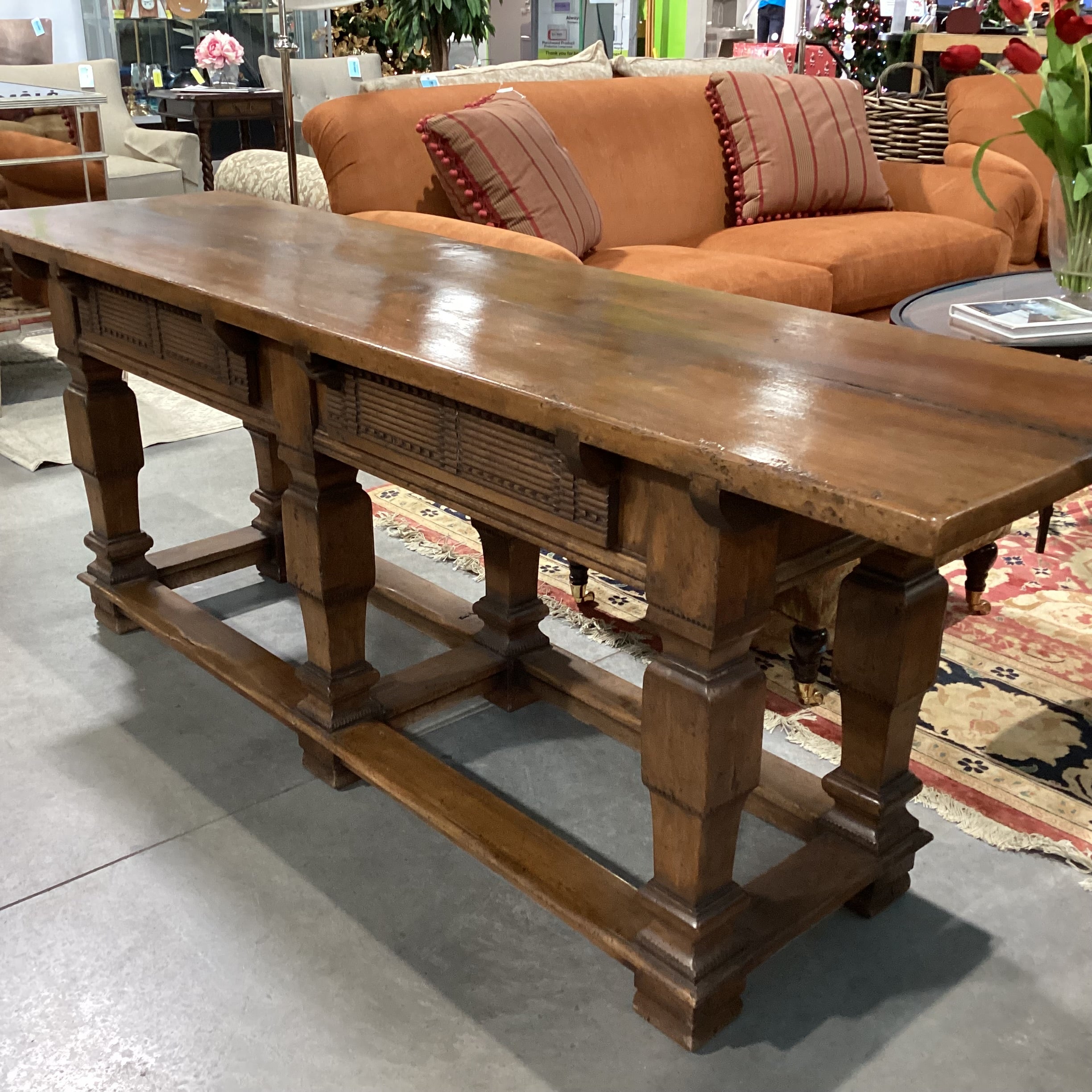 Rustic Distressed Solid Carved Wood 2 Drawer Console Sofa Table 82"x 22"x 30"