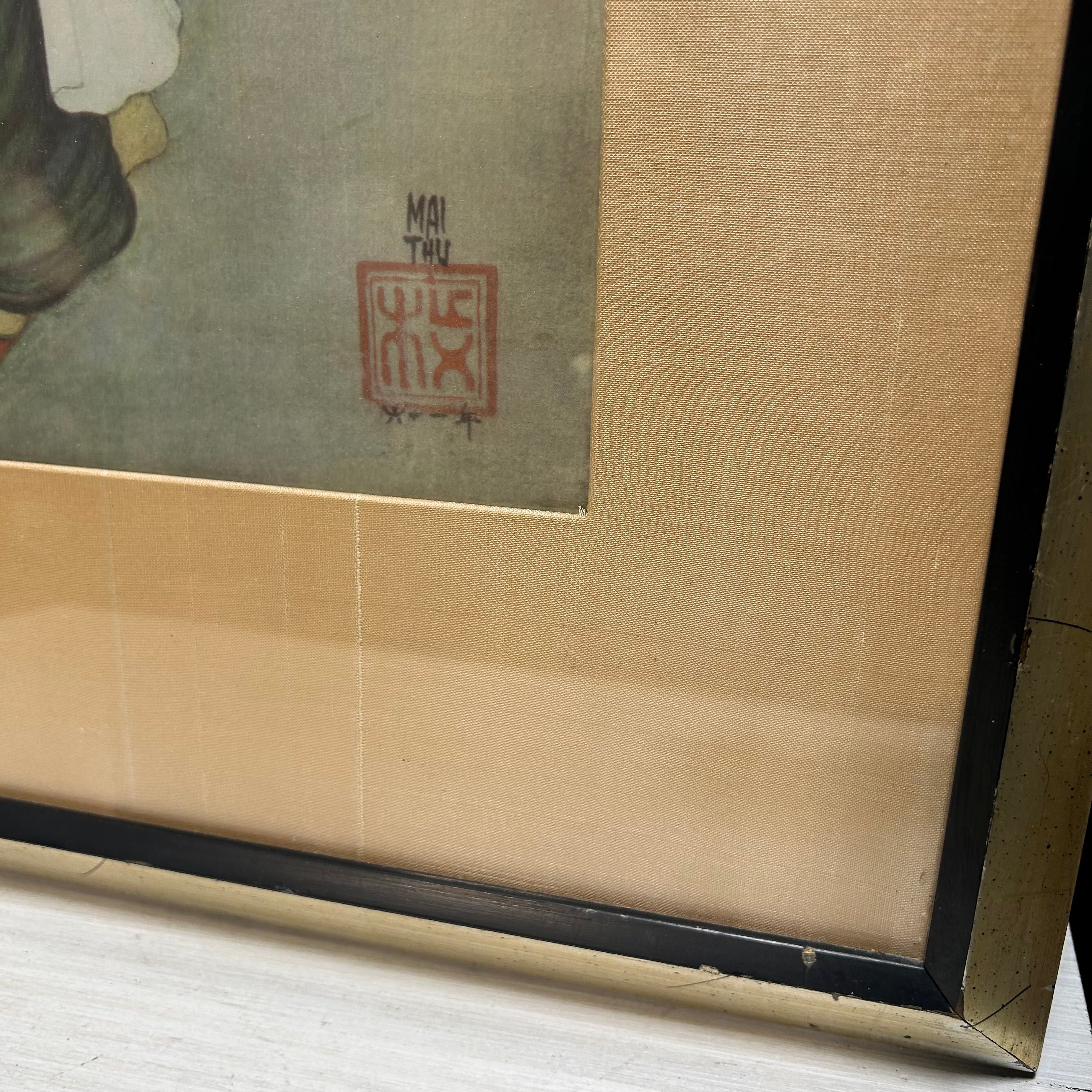 MAI THU (Vietnamese 1906-1980) "Mother & Child" Signed With Artist Chop Mark Engraving In Color 19"x31"