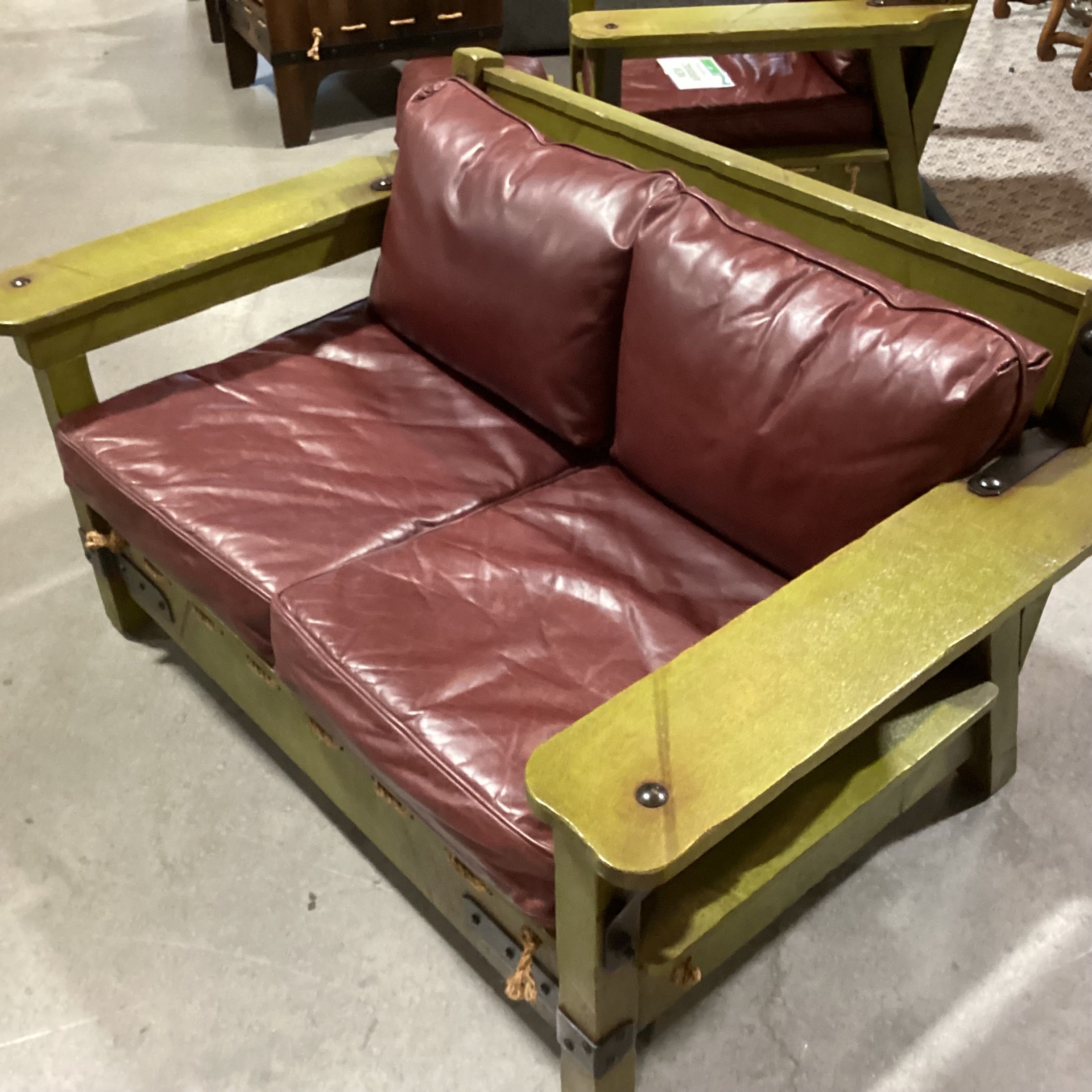 Art in Fine Forms Custom Spanish Green Alder Iron &Rope with Leather Cushions Sofa 57"x 36"x 31"