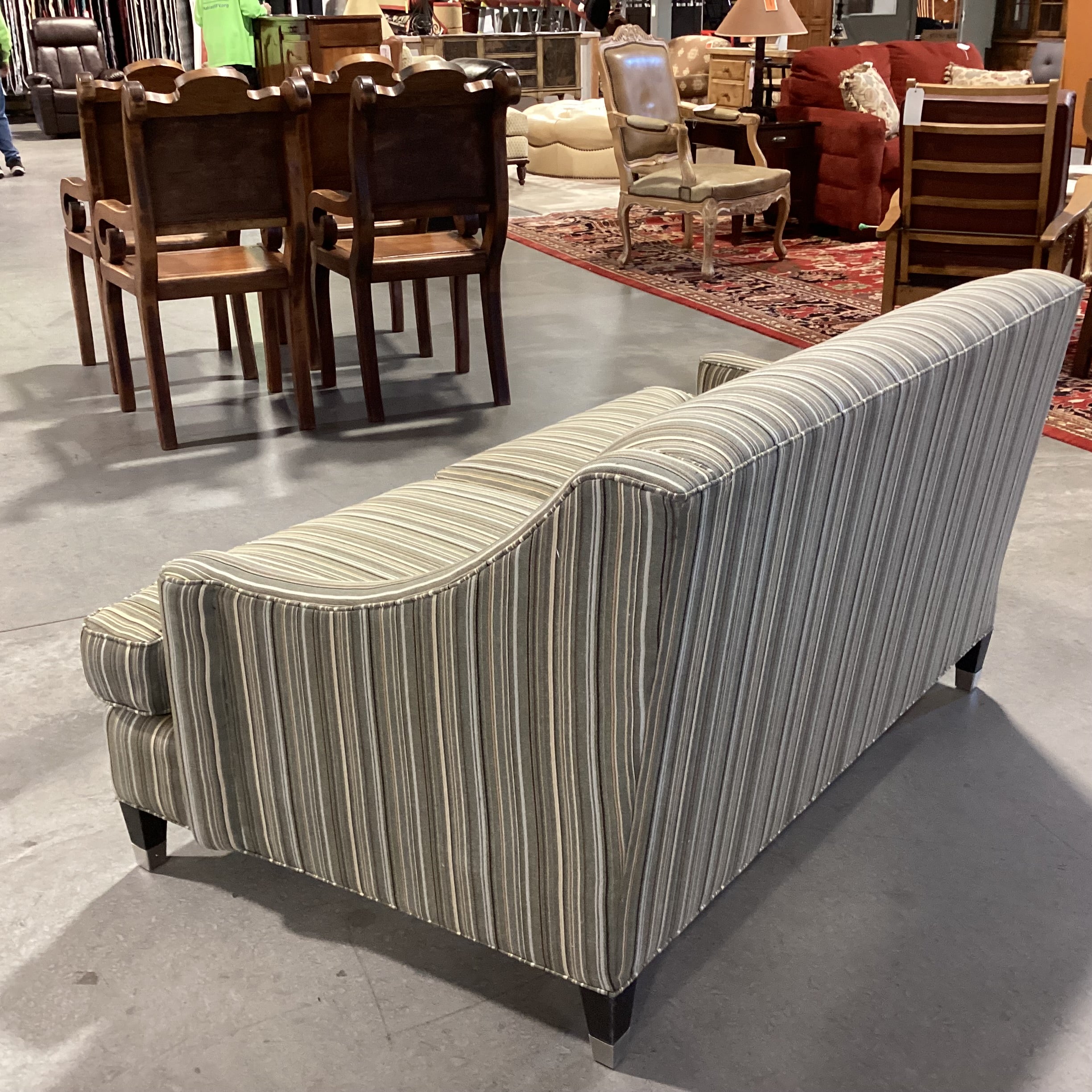 Room & Board Green Gold Brown Stripe with Slope Arm Loveseat Sofa 60"x 36"x 31"