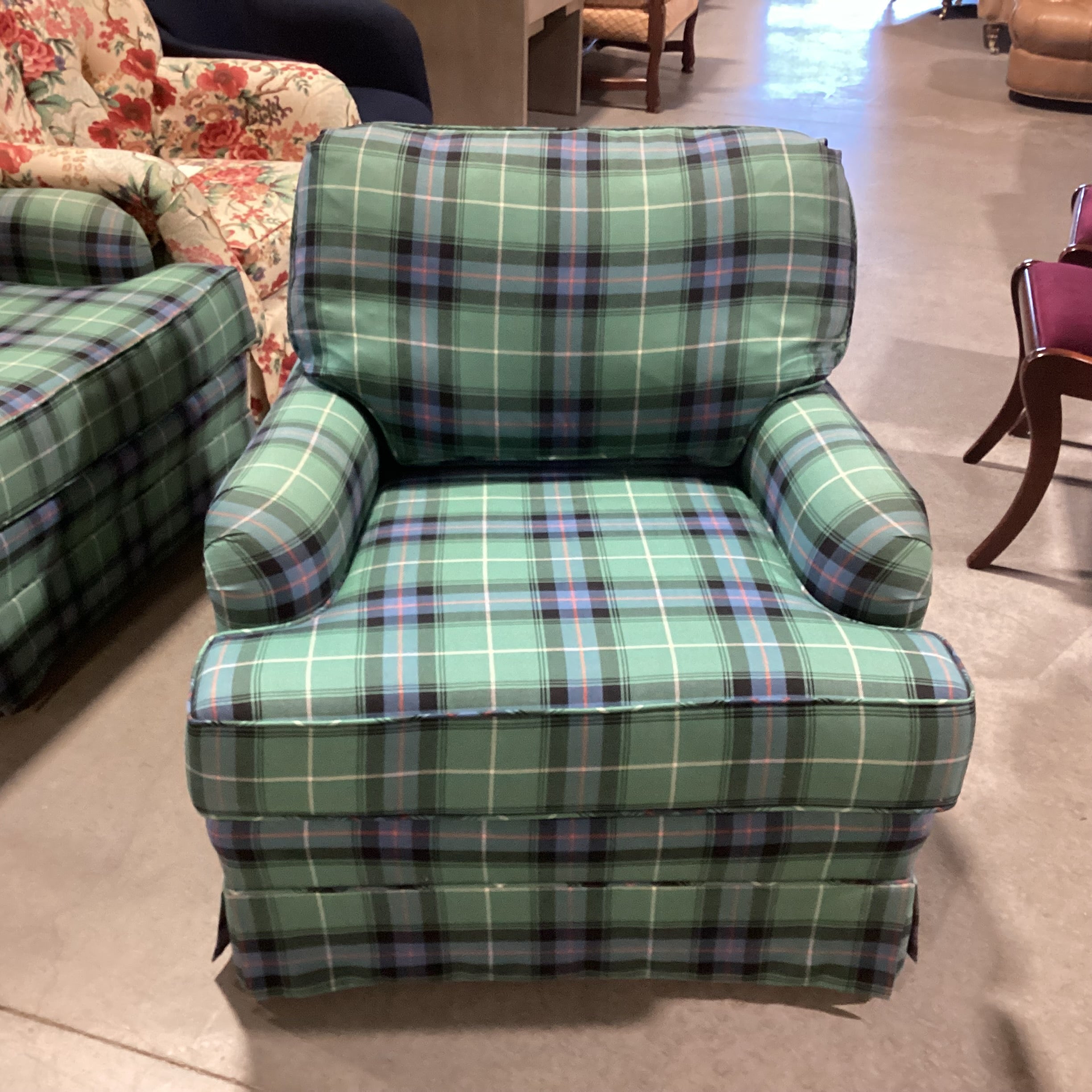 Marabella Designs Blue Green Plaid Down Mix Chair 34"x 38"x 28"