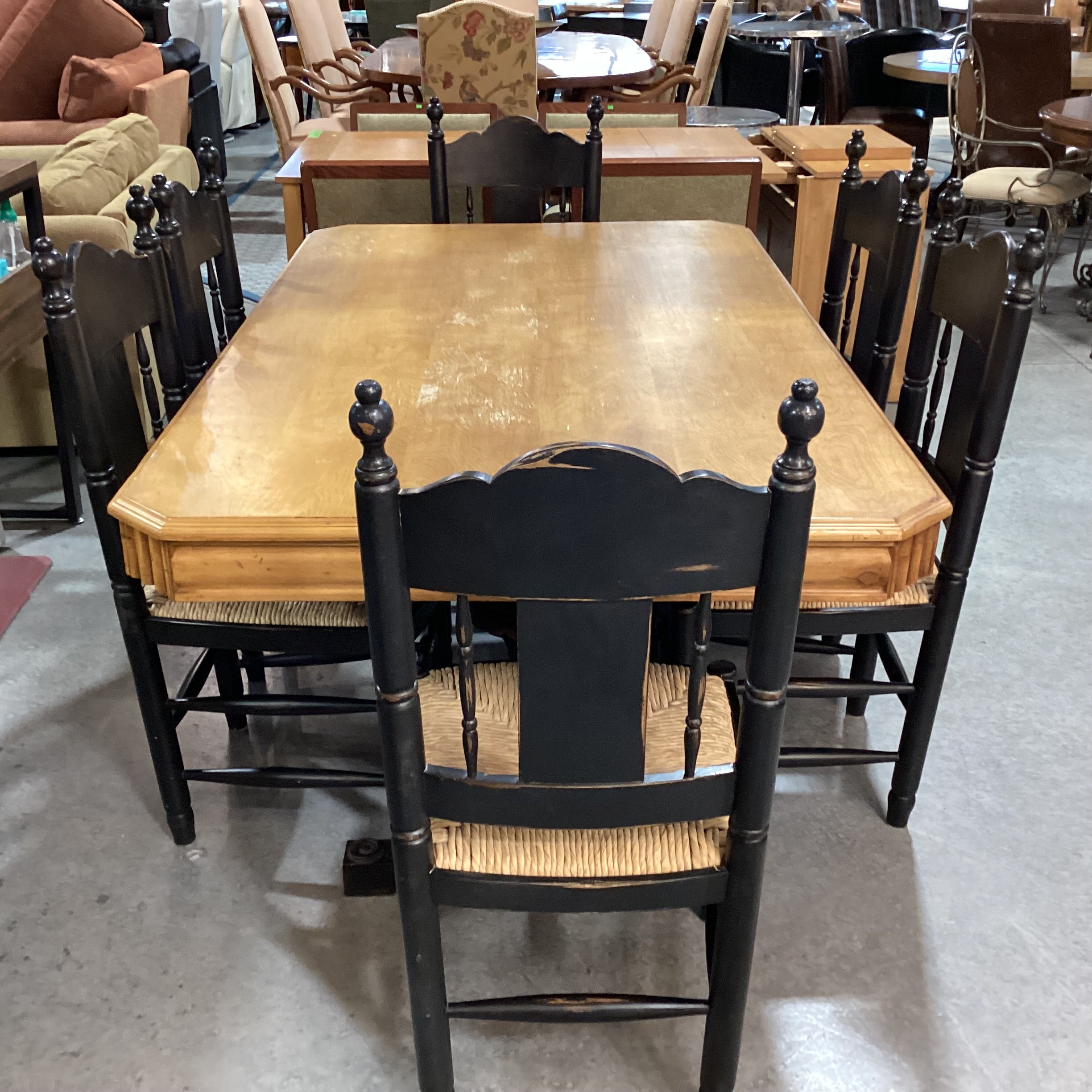 Country Distressed Black & Natural with Trestle Table & 6 Chairs Dining Set 72"x 42"x 31"