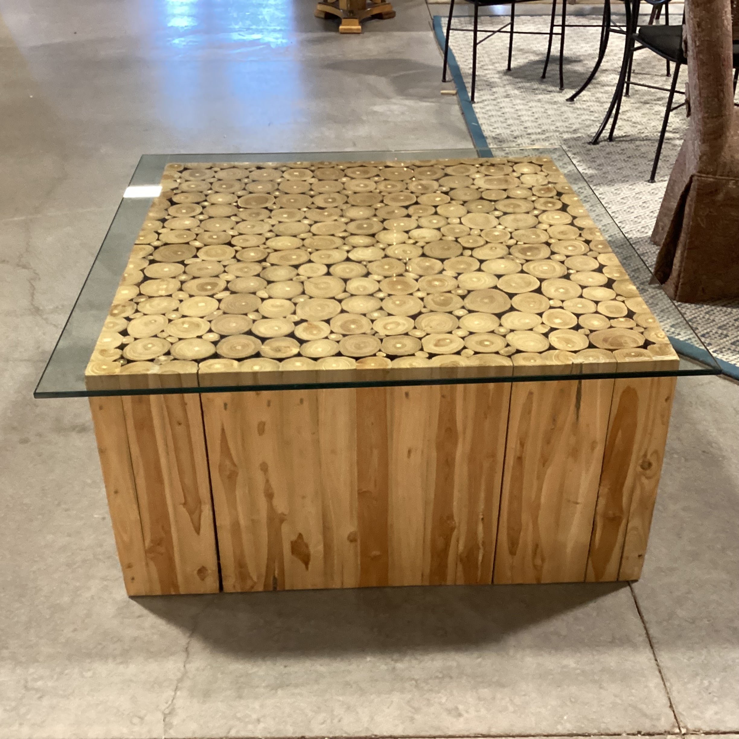 Modern Rustic Square Cut Branch Log And Glass Coffee Table 43.5"x 43.5"x 20.5"