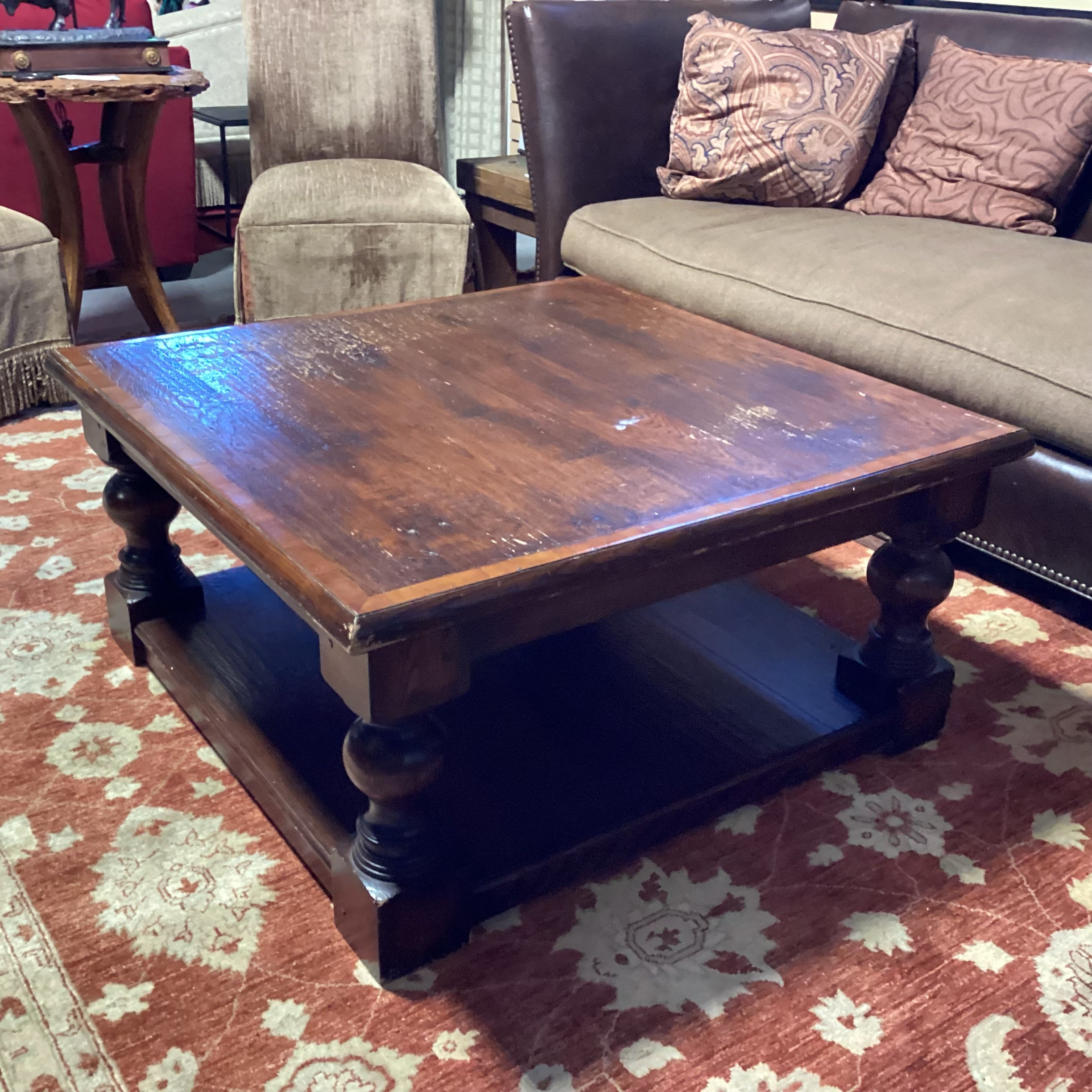 Solid Distressed Carved Wood with Bottom Shelf Square Coffee Table 42"x 42"x 20"