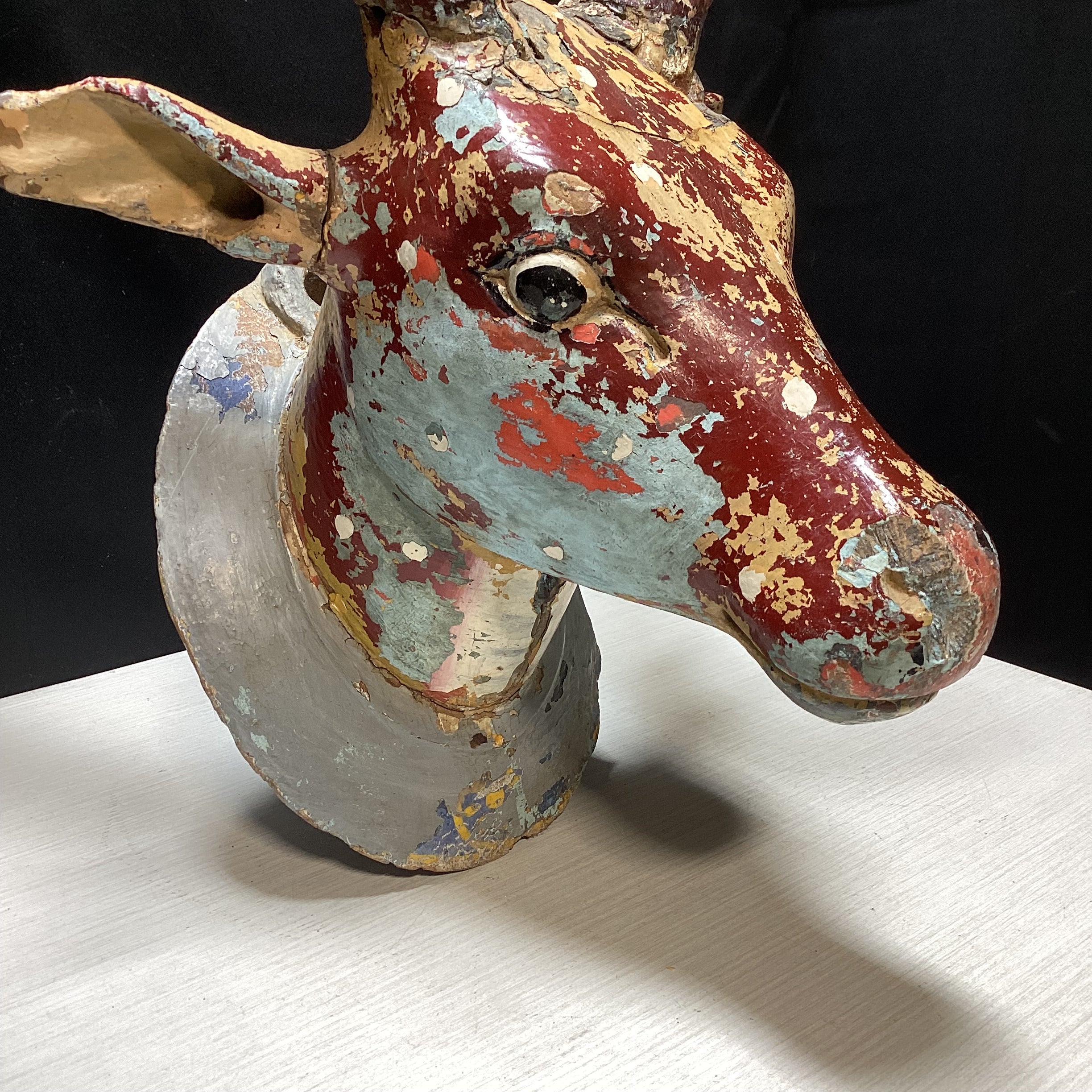 Antique - Vintage Carved Wood Deer Head With Real Antlers 14" x 28"