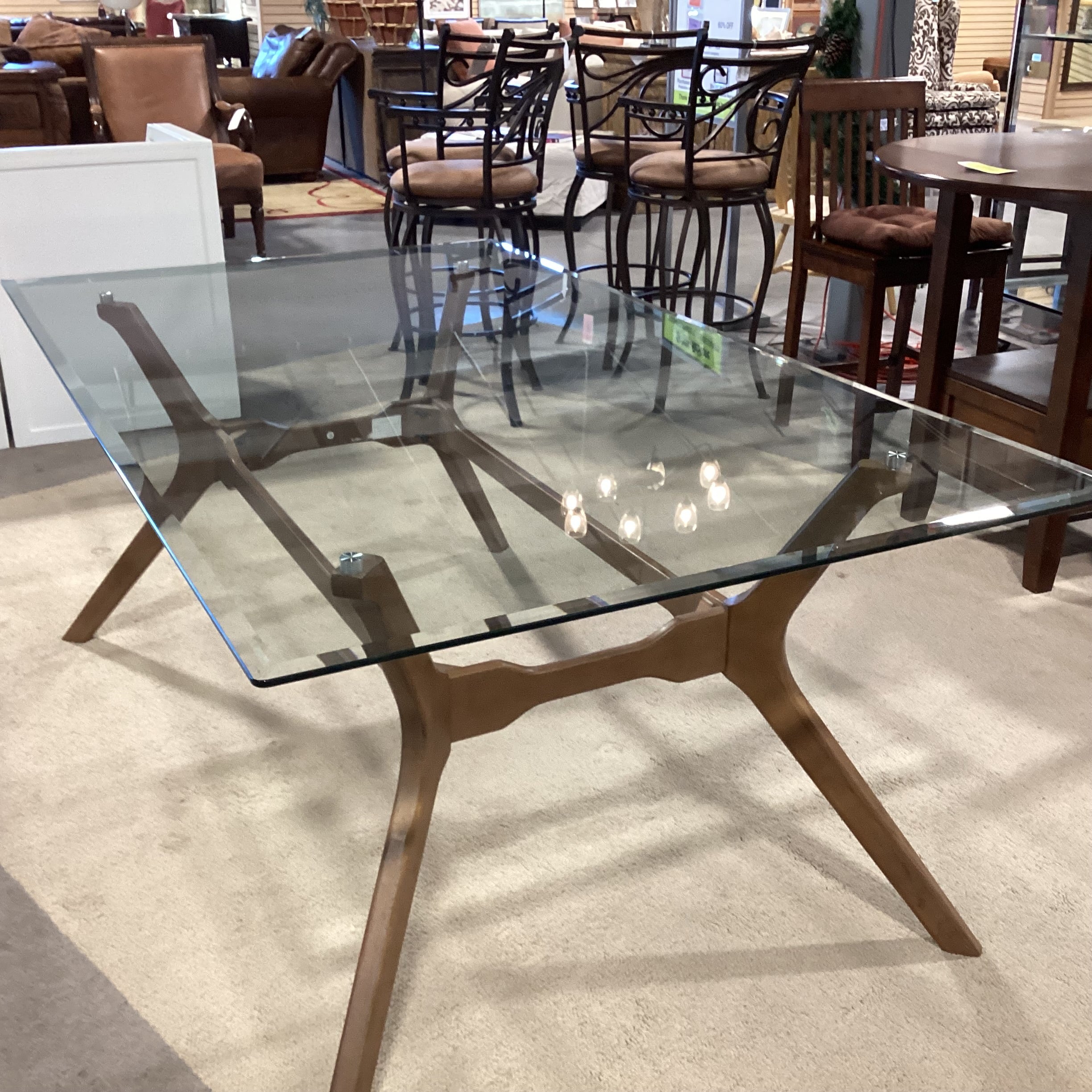 Mid Century Style Wood Base & Glass Dining Table 72"x 42"x 29.5"