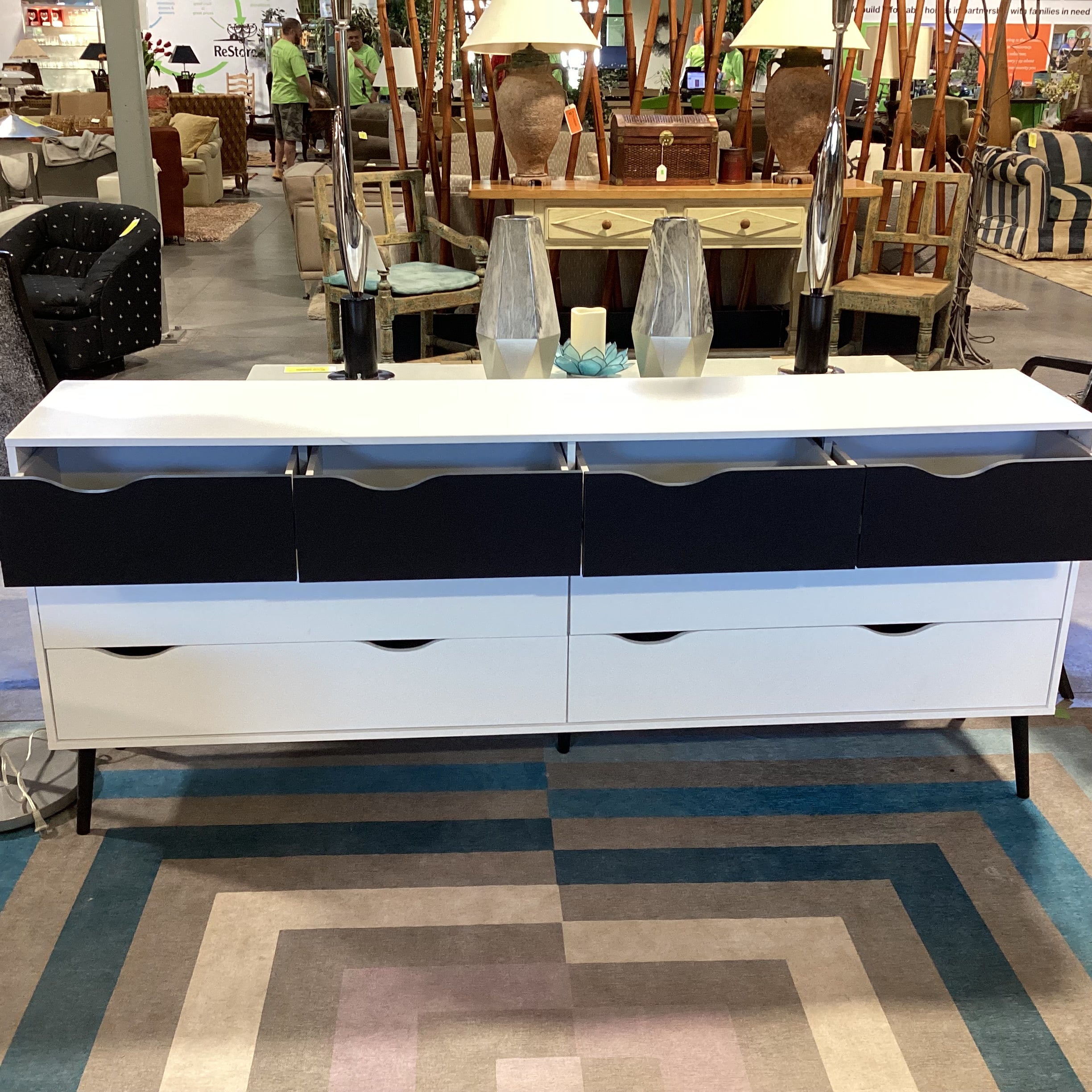 Danish Modern Black & White Laminate 8 Drawer Dresser 77"x 15.5"x 32"