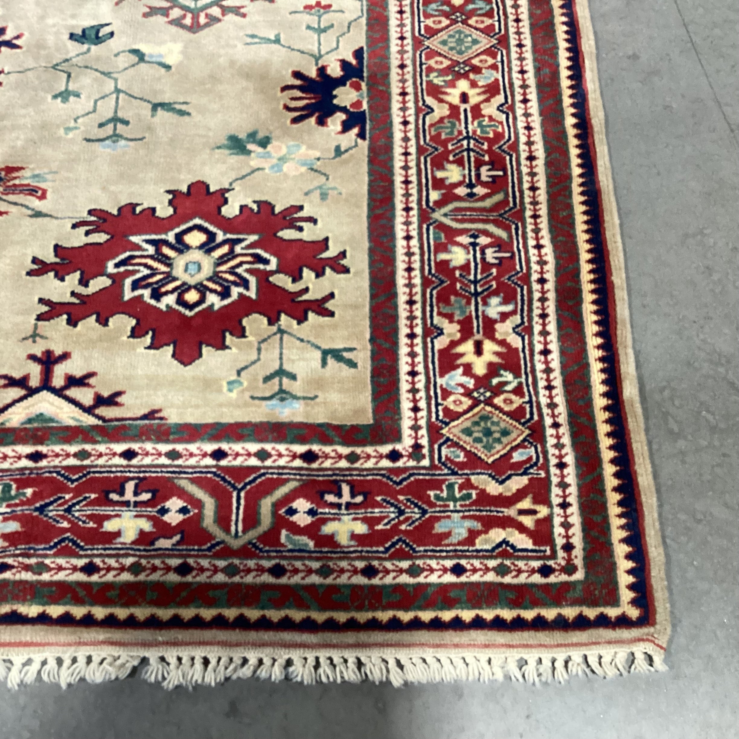 Vintage Beige Tan Red Navy Hand Woven Wool Rug 6'7" x 9'