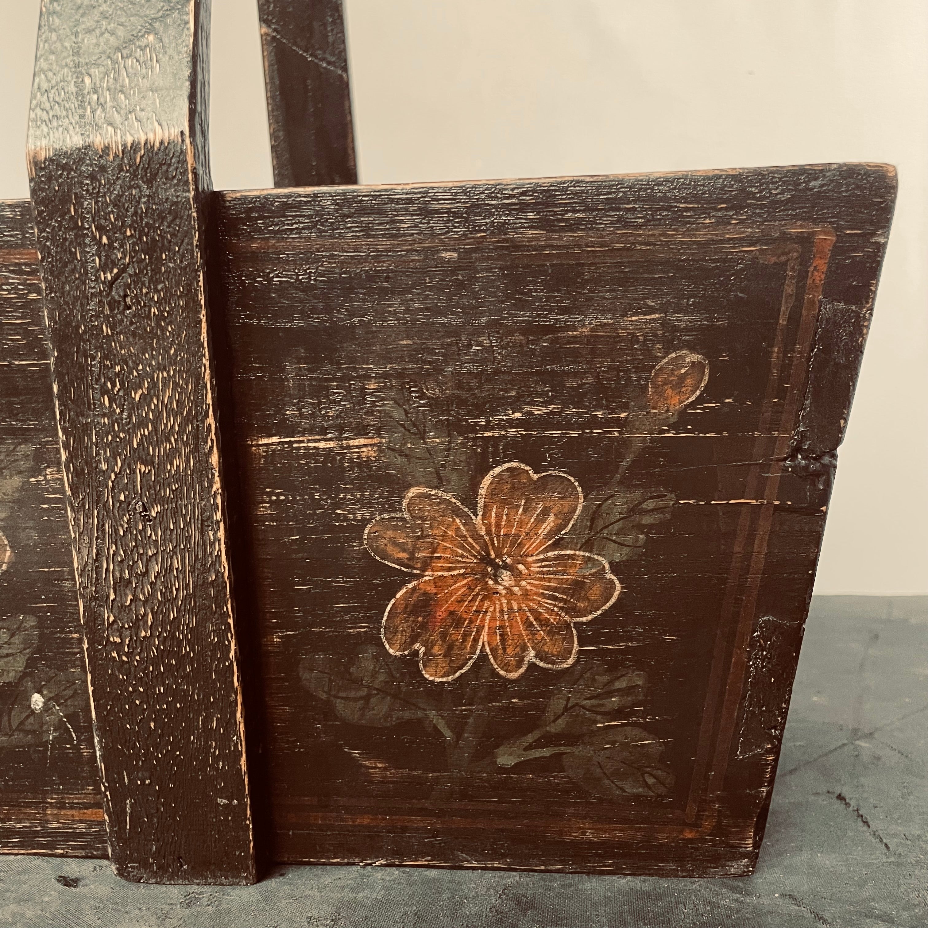 Antique Chinese Handpainted Flowers/Birds Elm Wood Rice/Grain Basket, 14"x 8"x 15"