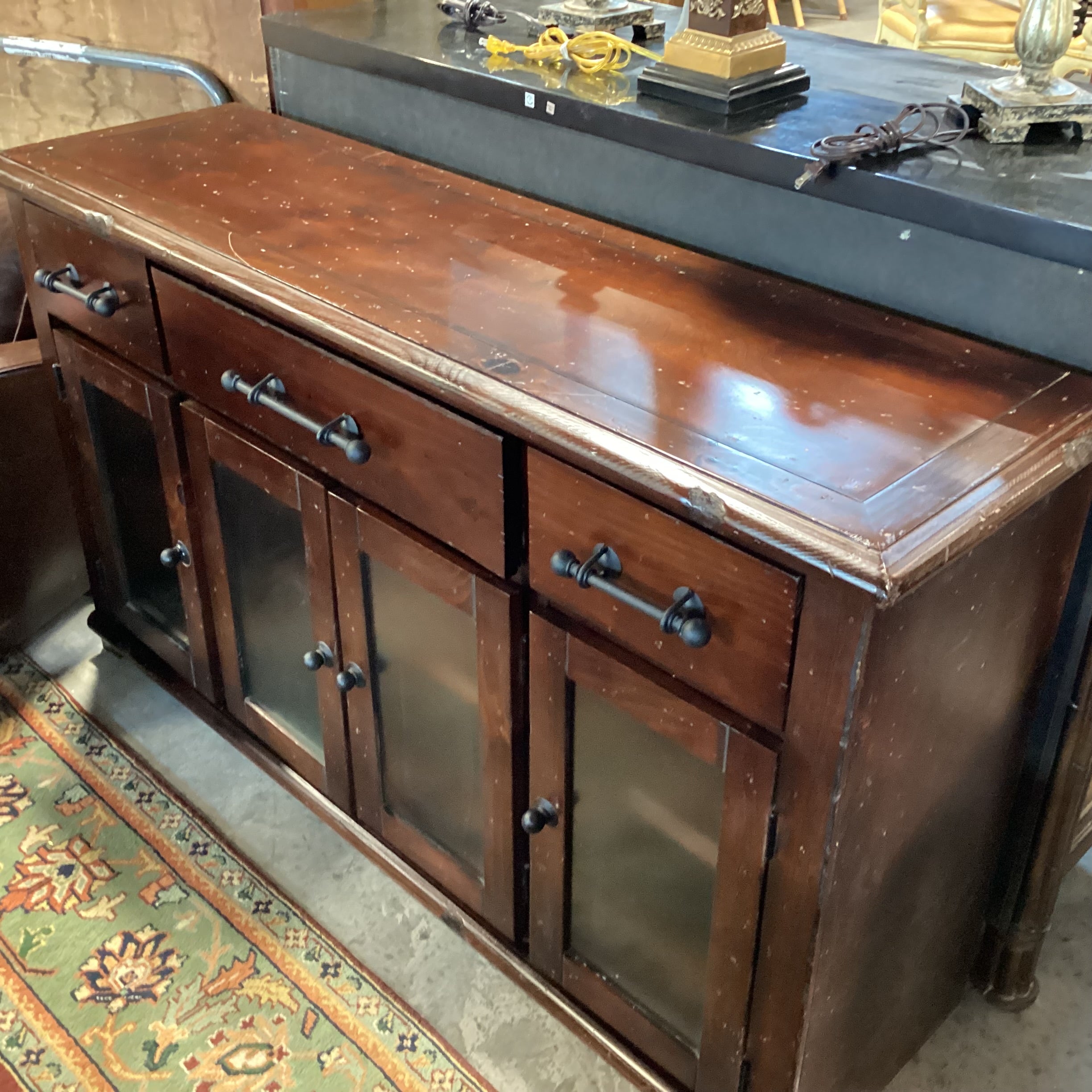 Dark Distressed Wood 4 Door 3 Drawer Rustic Console Credenza 61"x 17.5"x 35"