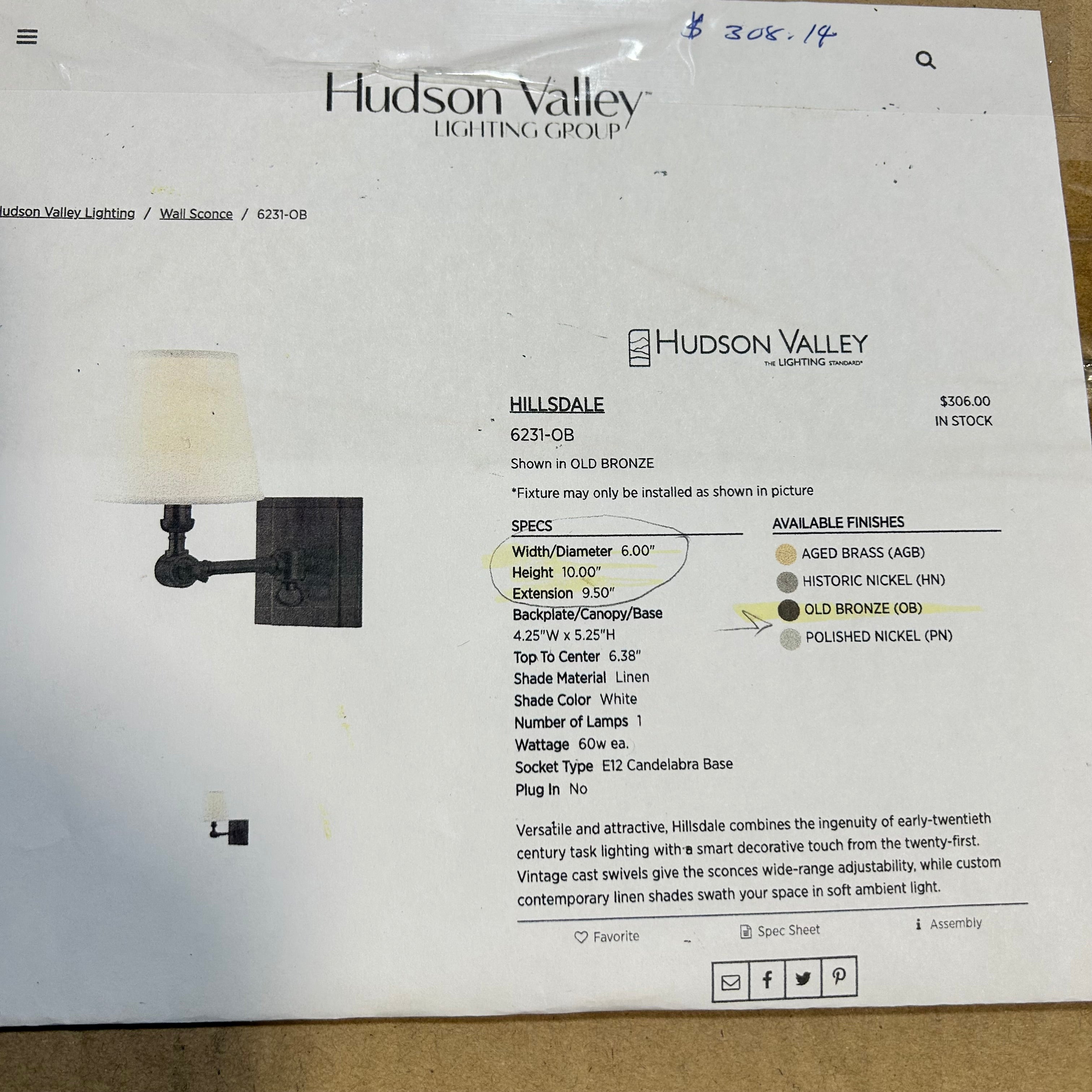 Hudson Valley HillsdALE model 6231-ob Bronze Finish 6"x10"