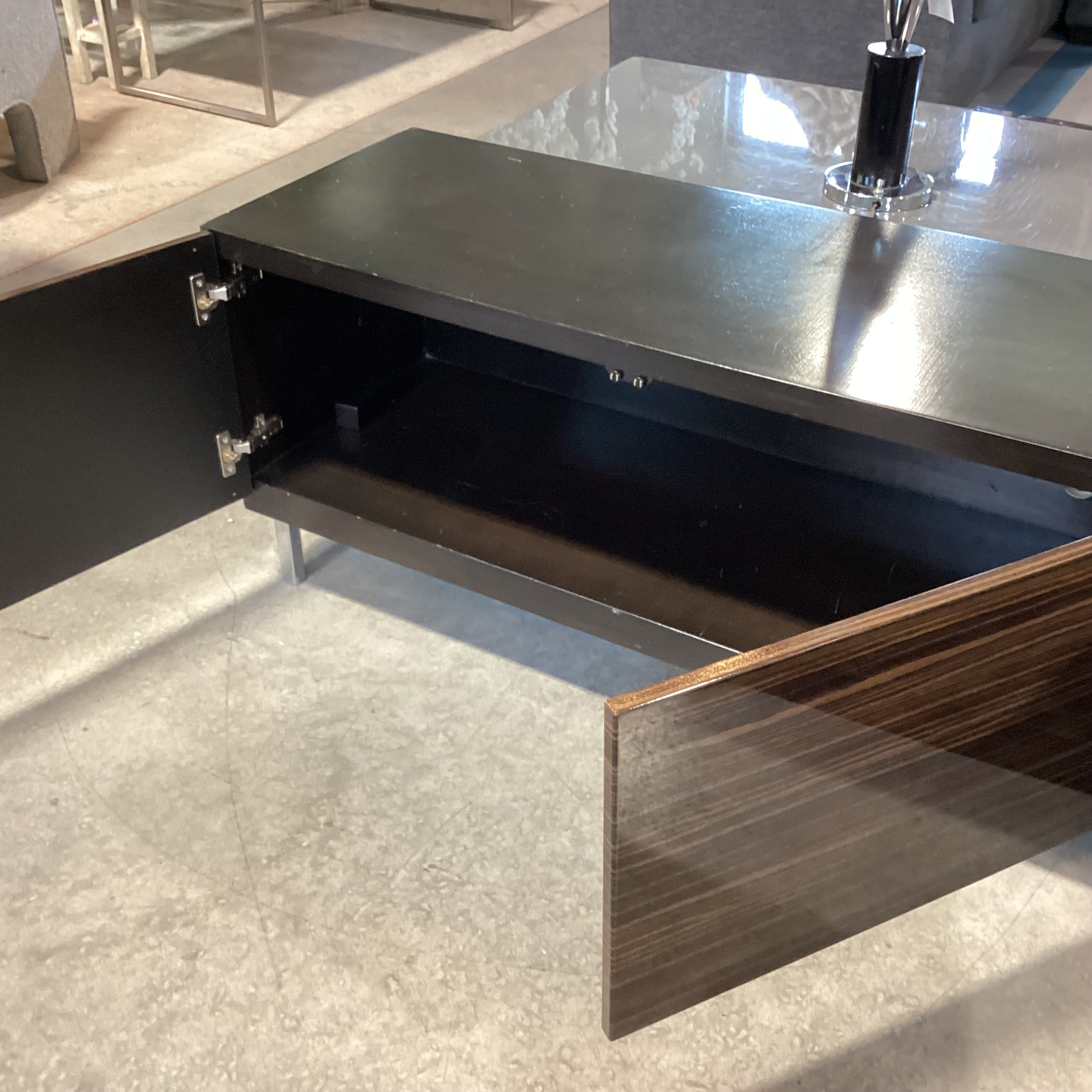 Modern Lacquered Macassar Ebony Veneer 4 Door Console Credenza 94"x 18.5"x 21.5"