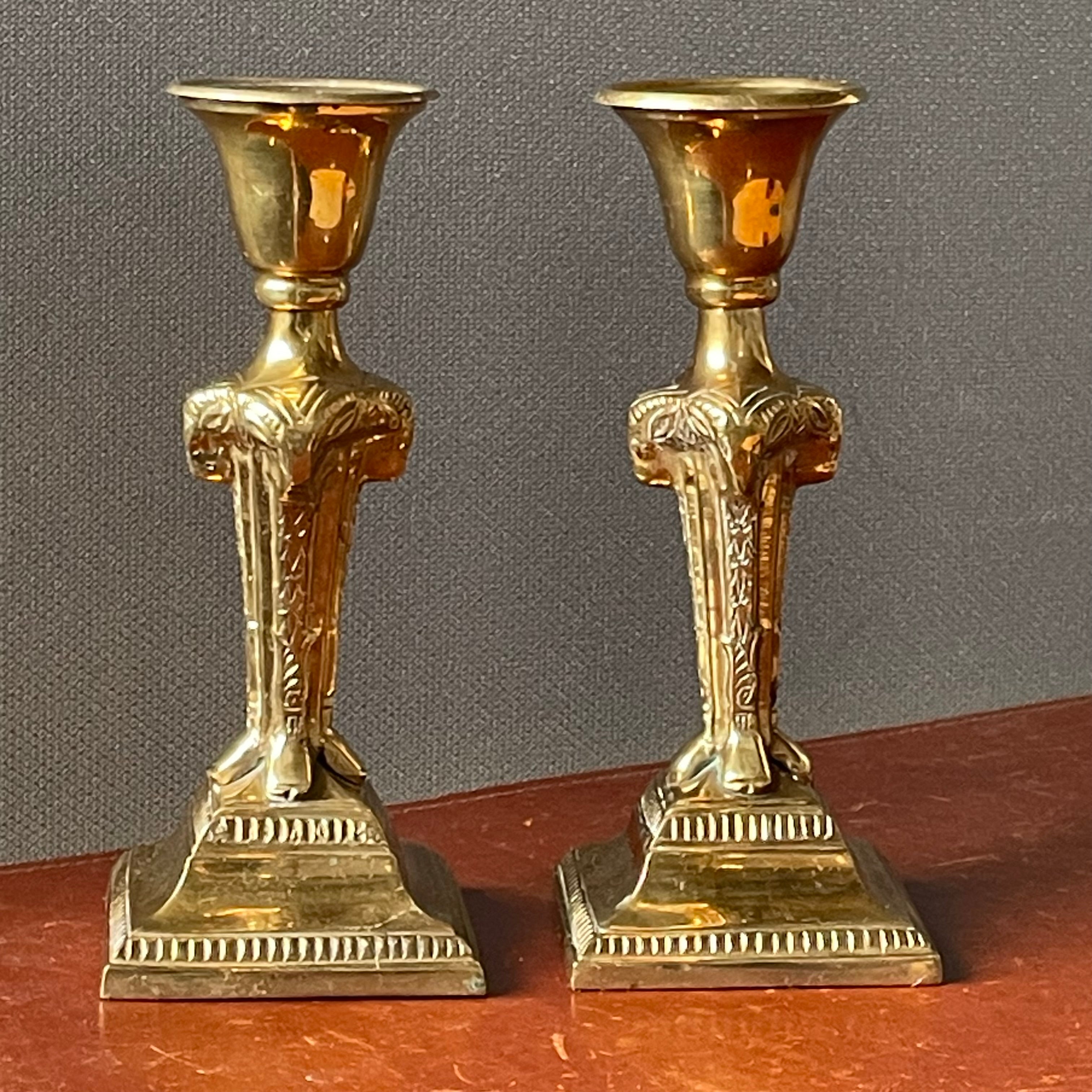 Vintage Hollywood Regency Style Art Deco Revival Brass Ramshead Candleholders, Pair, 3.5"x 8"
