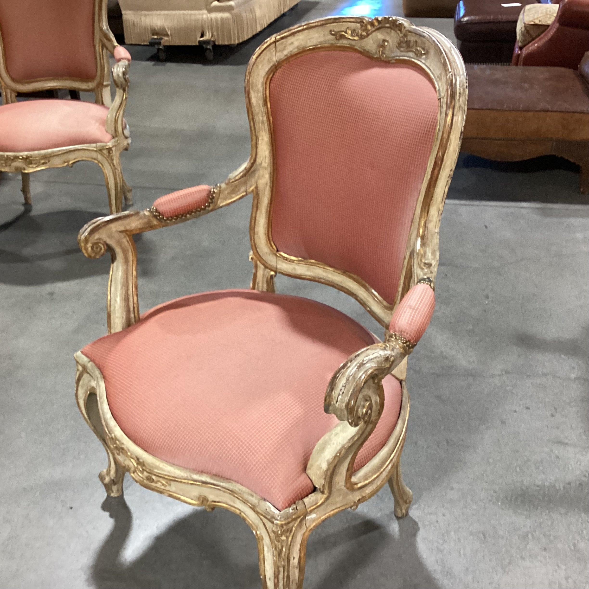 Antique French Provincial Ornate Carved Cream Gold Wood Orange Gold Upholstered Chair 31"x 26"x 41"
