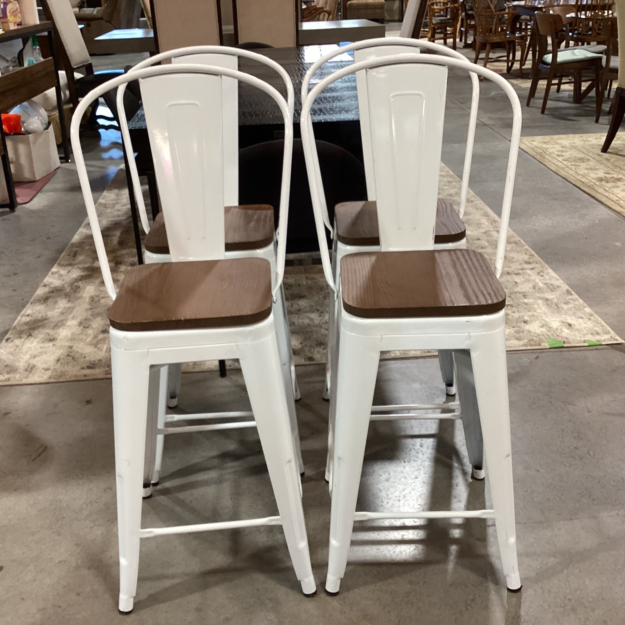 SET of 4 Industrial White Metal & Wood Seat Barstools 25"