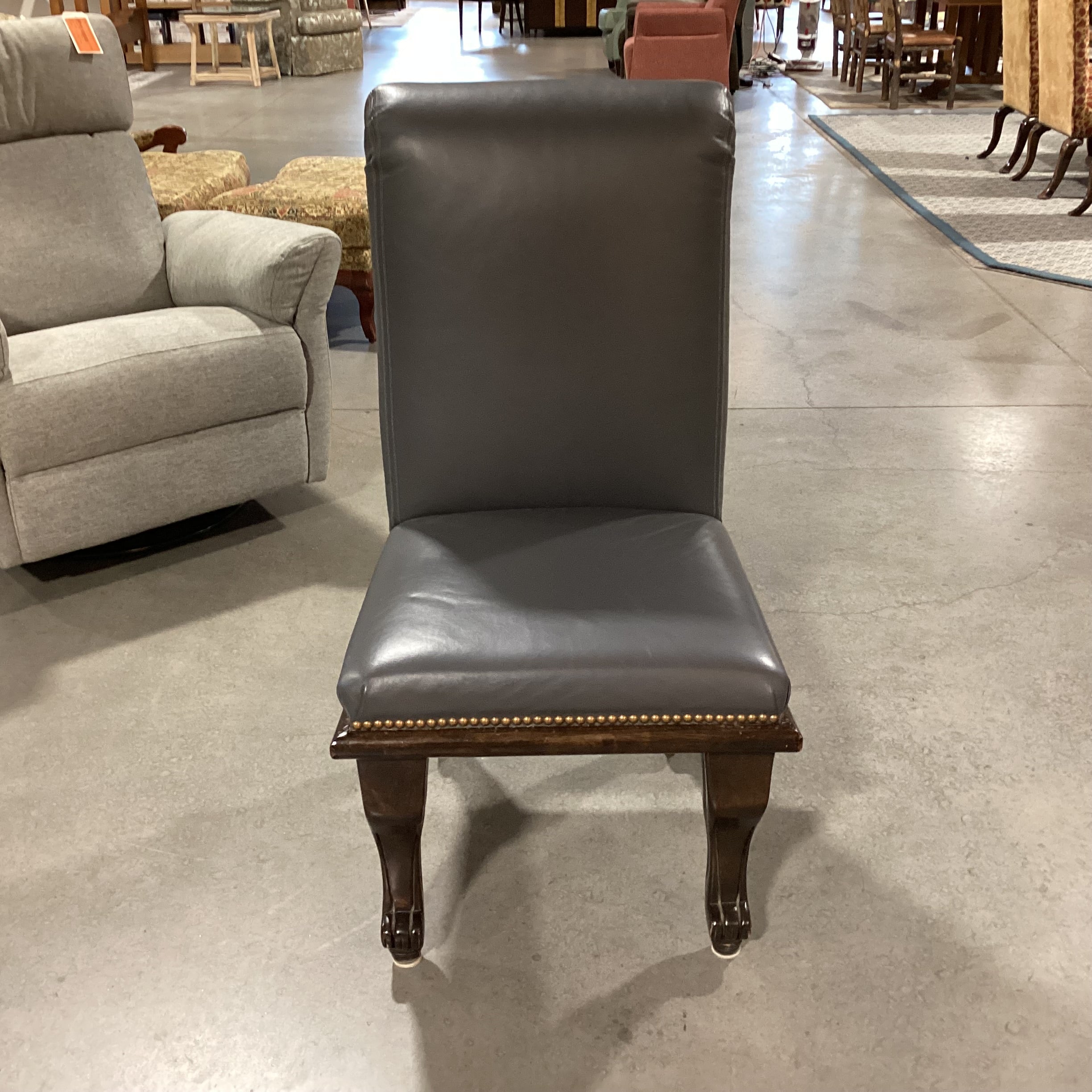 Grey Leather Nailhead & Dark Finished Wood Chair 22"x 26"x 41"