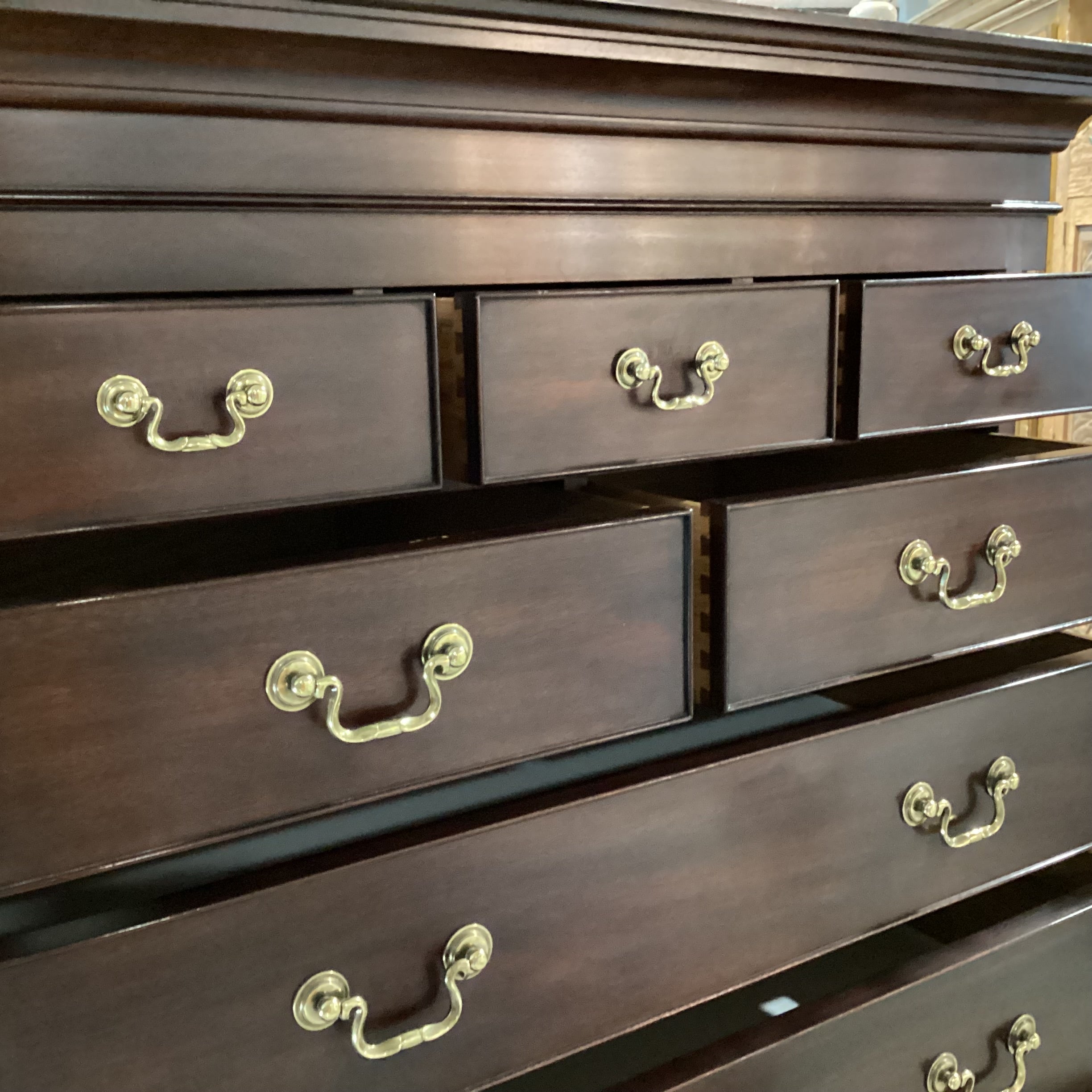 Henkel-Harris Dark Finish Carved Wood 9 Drawer Gentlemans Chest 45"x 24"x 65.5"