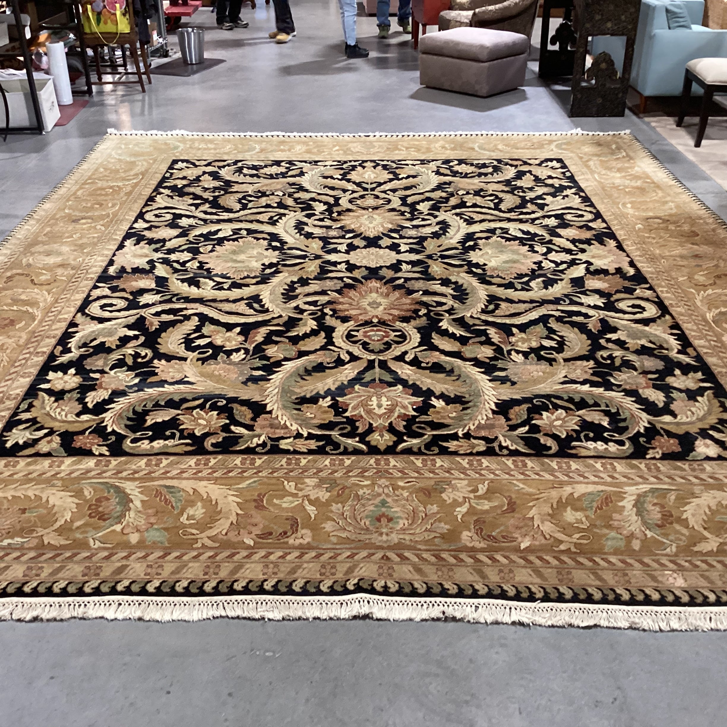 Gold & Black Floral with Border Had Woven Wool Rug 12'2"x 14'10"
