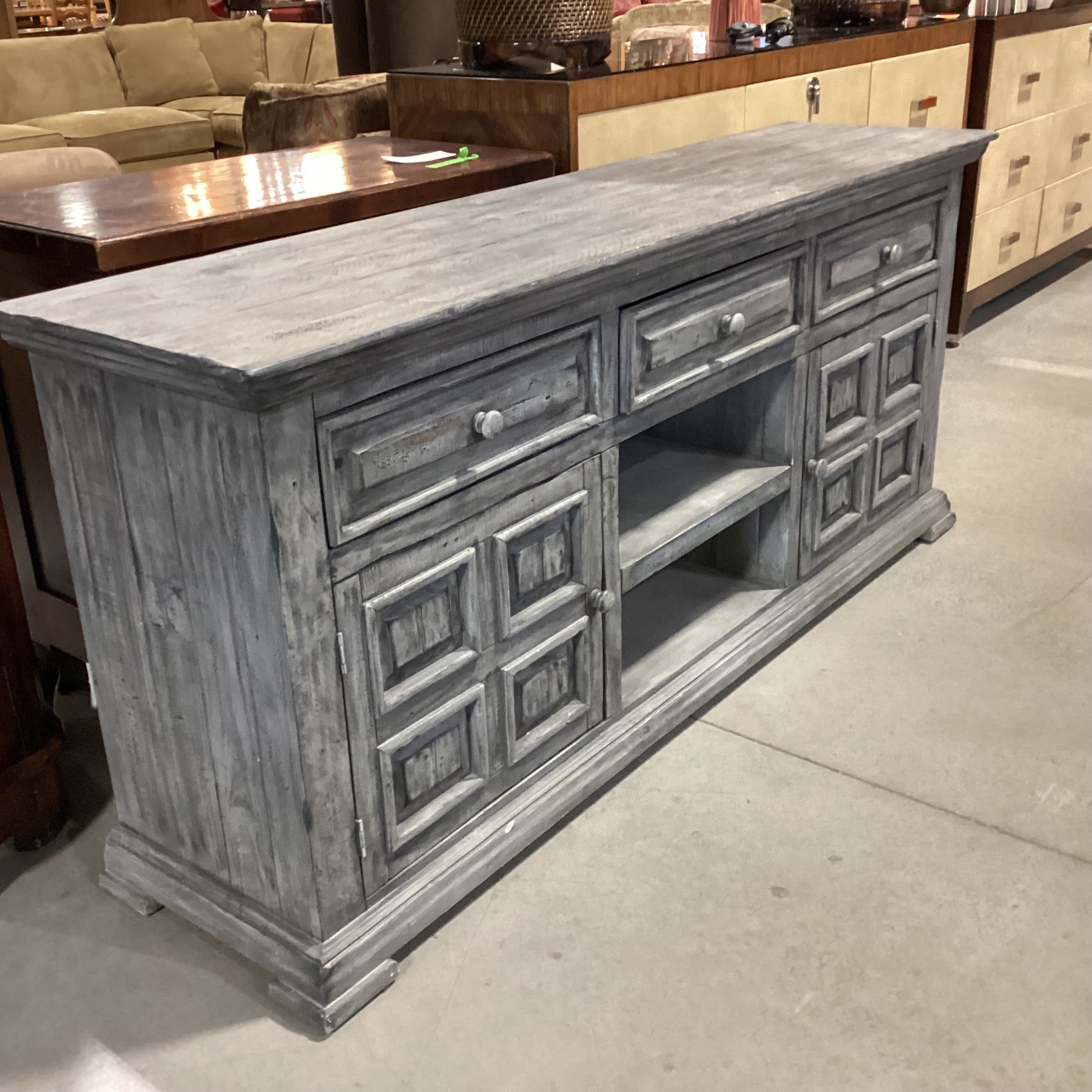 Rustic Distressed Grey Washed Wood  3 Drawer 2 Door & Shelves Console Credenza 71.5"x 17.5"x 32"