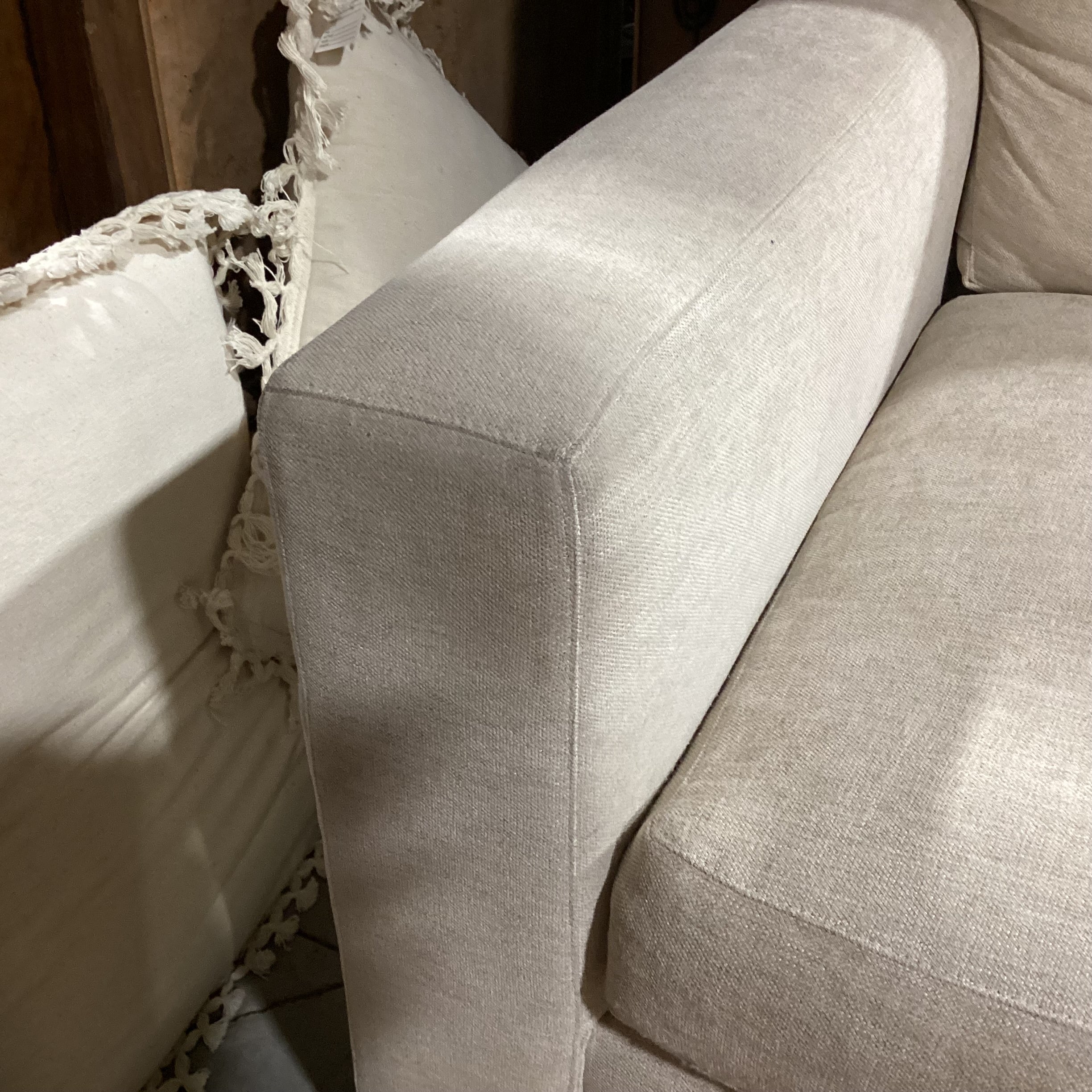 Custom Cream Heather Woven Track Arm 3 Piece with Chaise Sectional 126"x 66"x 42"x 32"