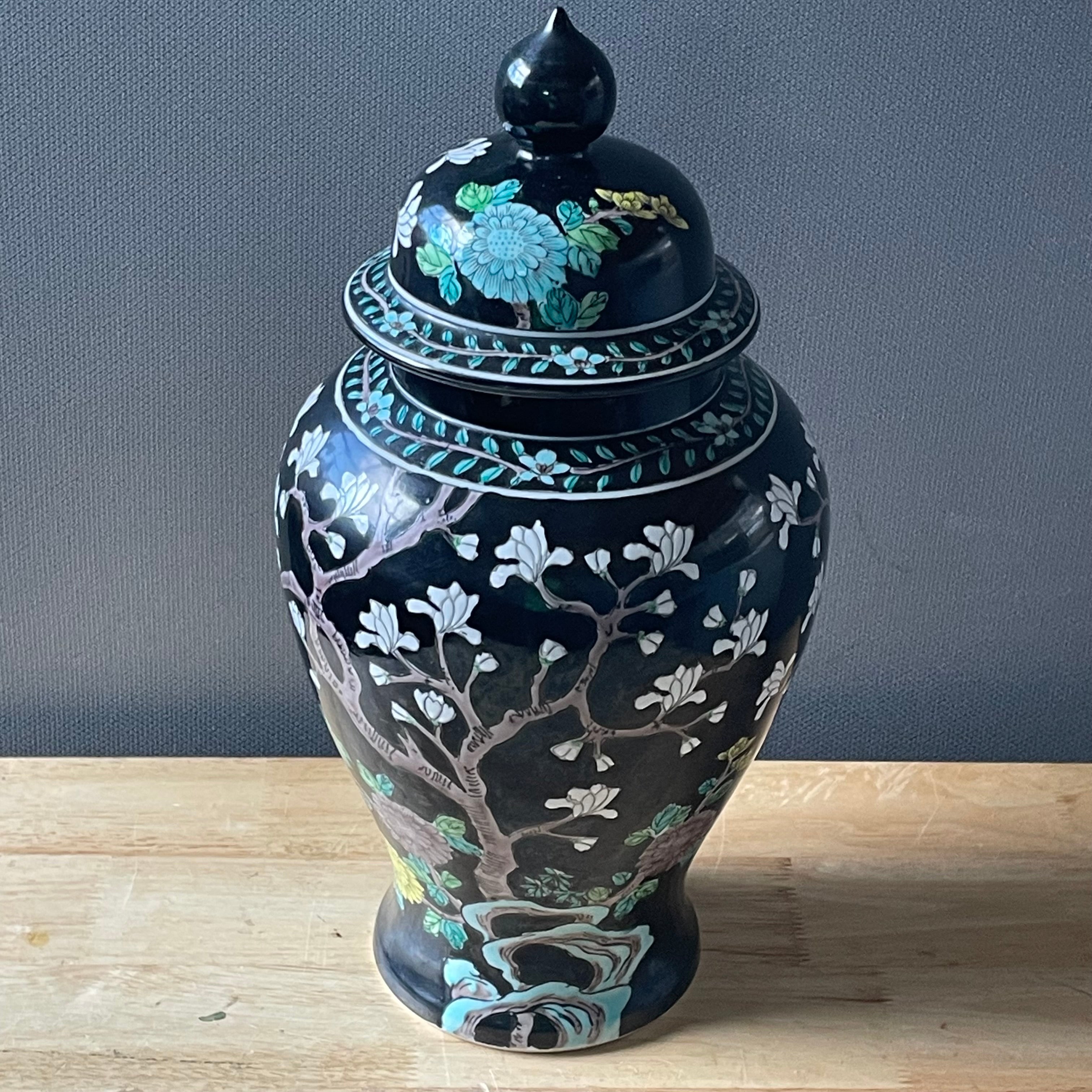 Vintage Japanese Hand Painted Famille Noir with Turquoise & White Accents Temple Jar, 8"x 15"