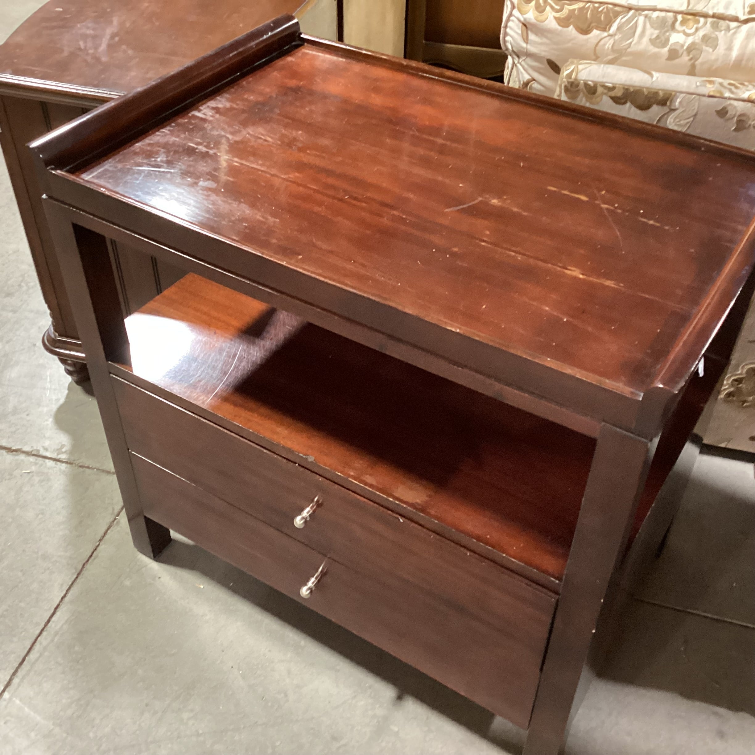 Milling Road a Division of Baker Furniture Dark Finish Wood Tray Top 2 Drawer with Power Strip Nightstand 31"x 20"x 30"